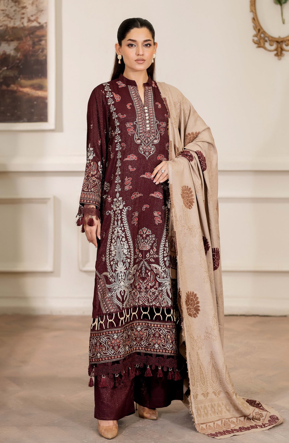 Aneeza by Johra Fancy Embroidered Peach Leather Unstitched 3 Piece Suit - JW-437 - JH25ANZA - Maroon - Winter Collection