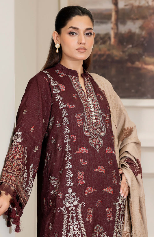 Aneeza by Johra Fancy Embroidered Peach Leather Unstitched 3 Piece Suit - JW-437 - JH25ANZA - Maroon - Winter Collection