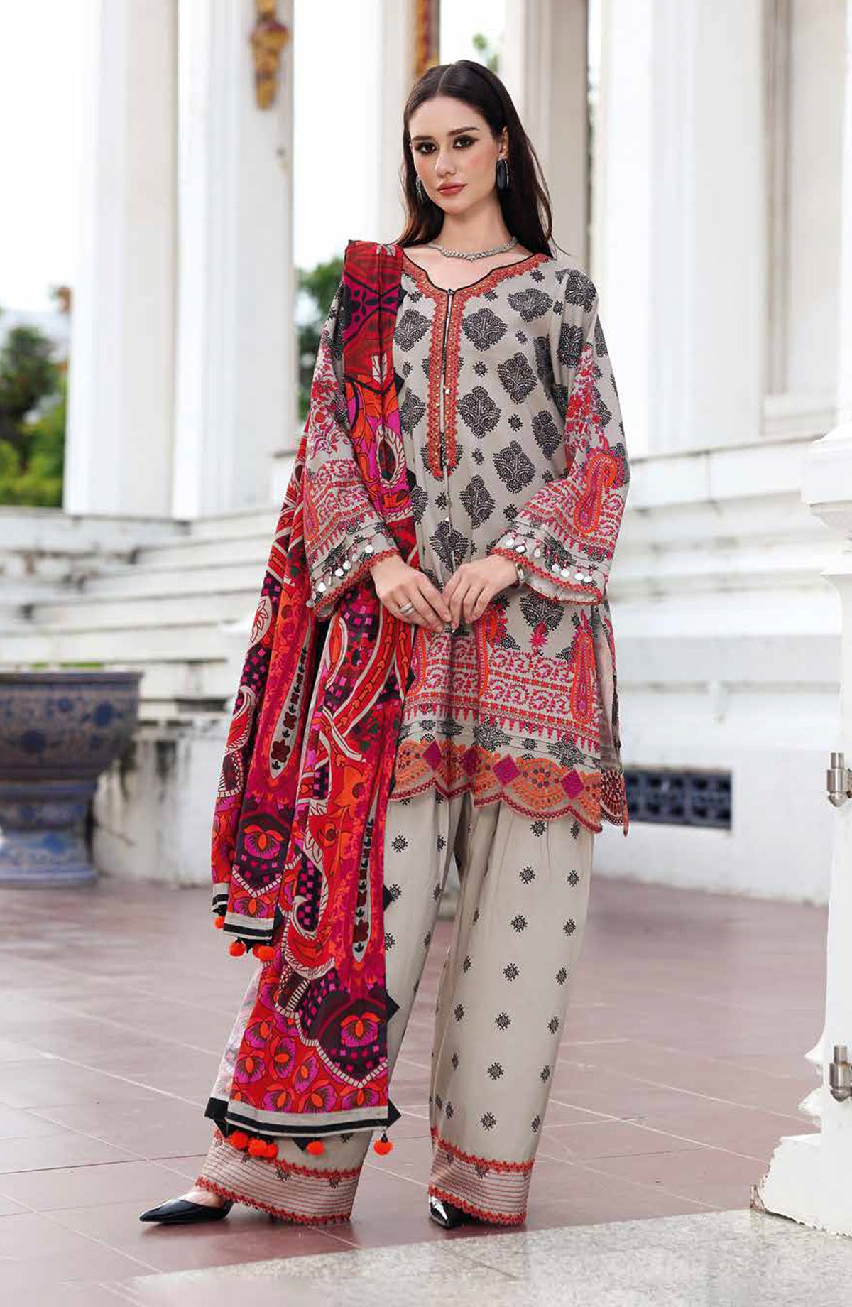 Aniq by Charizma Embroidered Linen Unstitched 3 Piece Suit - ANW6-01 - CHZ25AN - Grey - Winter Collection