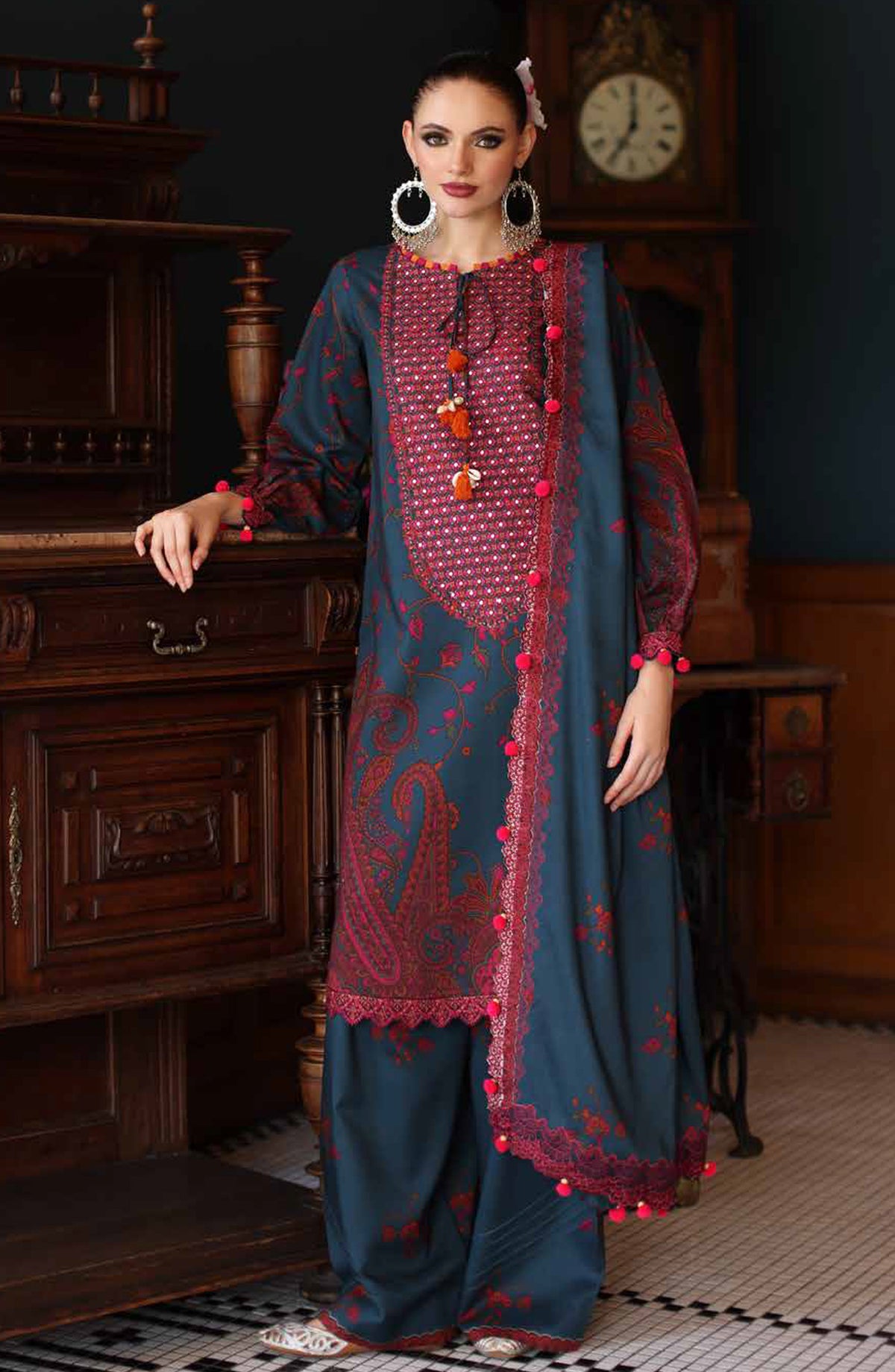 Aniq by Charizma Embroidered Linen Unstitched 3 Piece Suit - ANW6-04 - CHZ25AN - Blue - Winter Collection