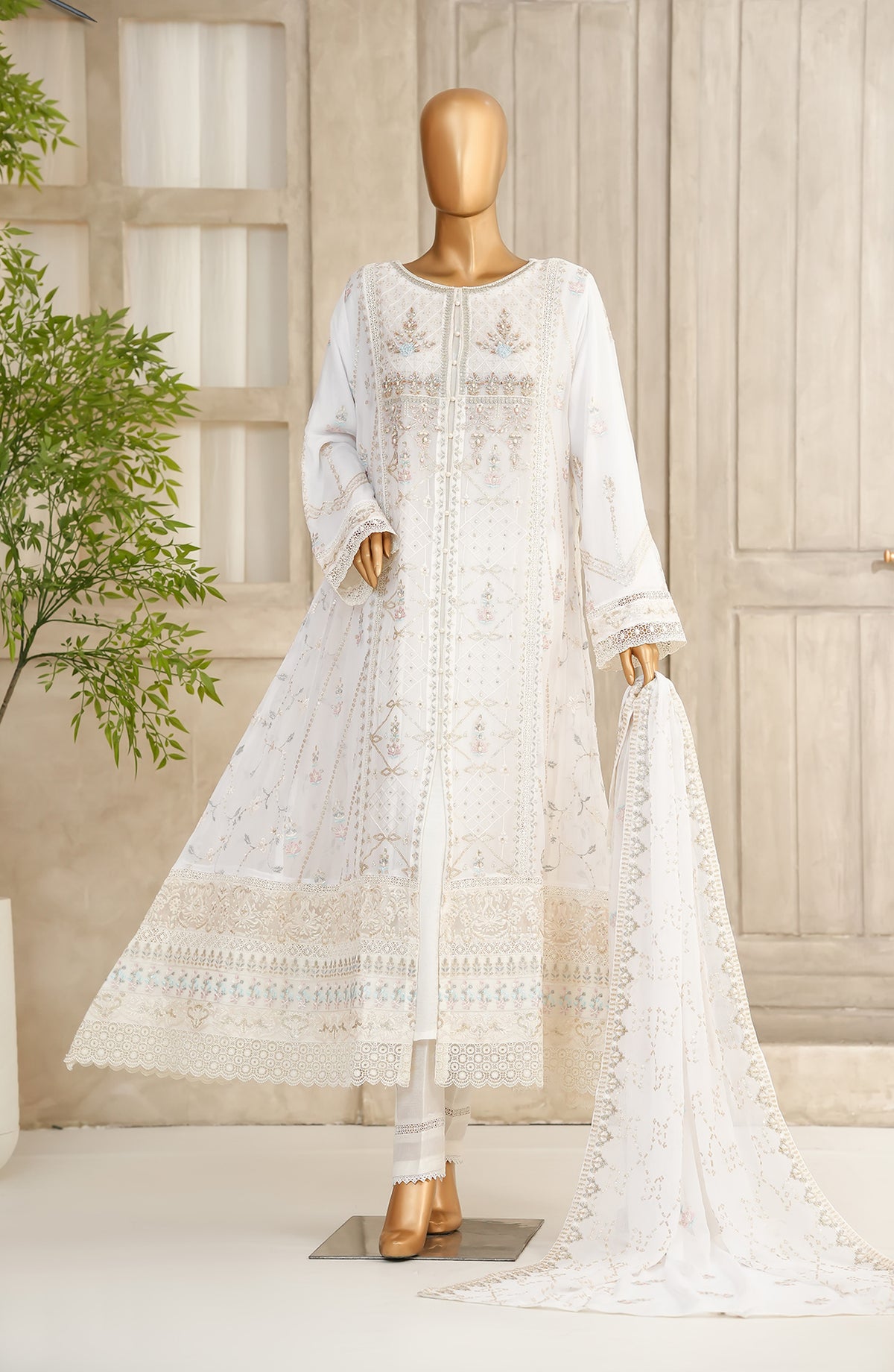 Anzara by Maria Fabrics Embroidered Chiffon Stitched 3 Piece Suit - Eshal - MRF25AN - White - Festive Collection
