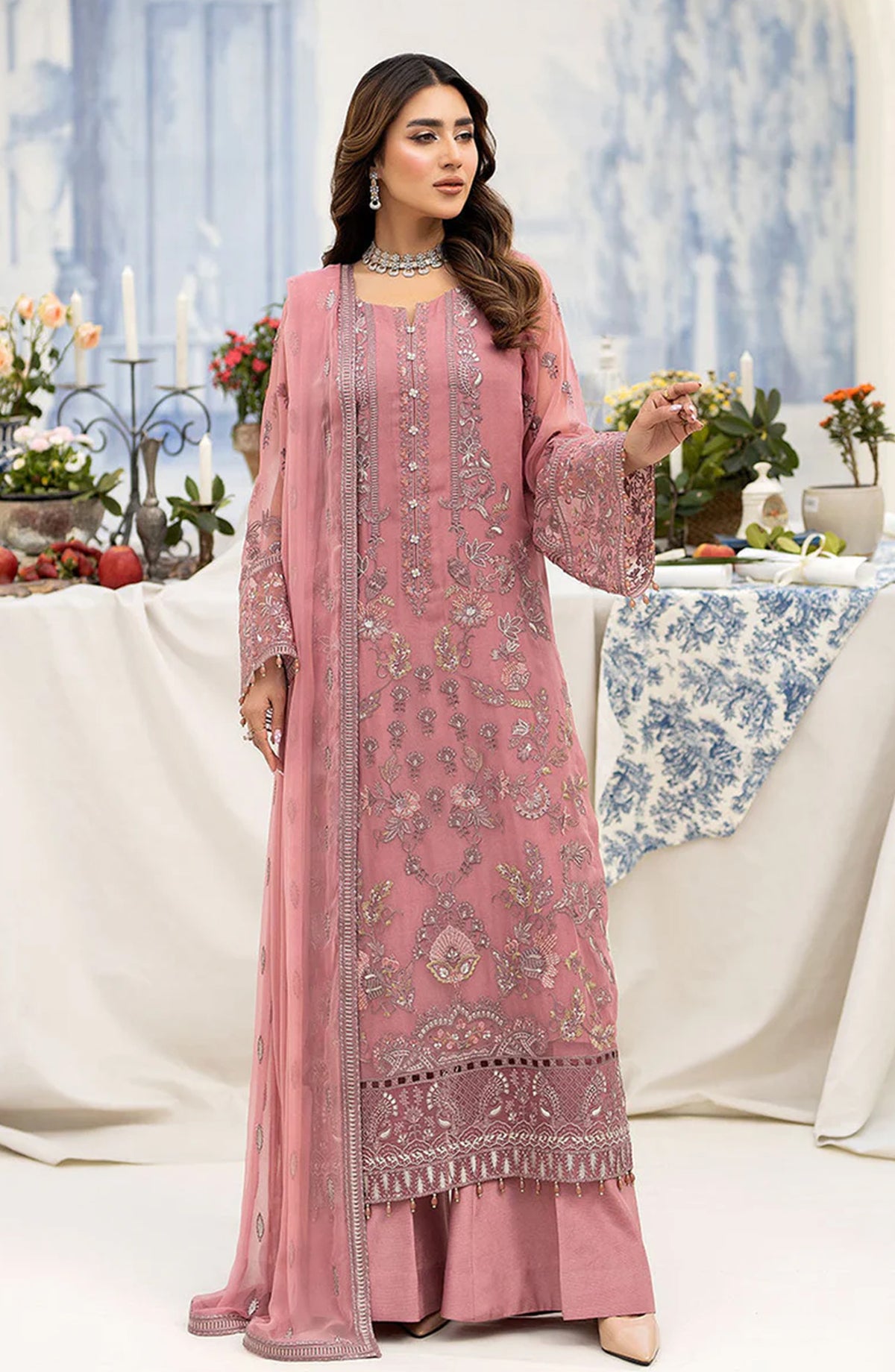 Araish by Lavish Premium Embroidered Chiffon Unstitched 3 Piece Suit - Design-09 - Tea Pink - Formals Collection