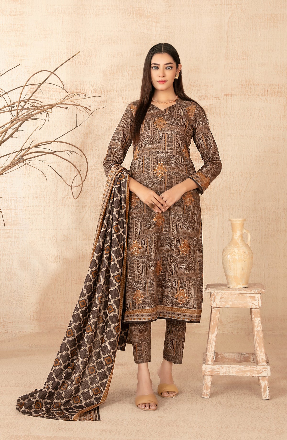 Areeka by Tawakkal Fabrics Embroidered Khaddar Unstitched 3 Piece Suit - D-5300 - TF25AKA - Brown - Winter Collection