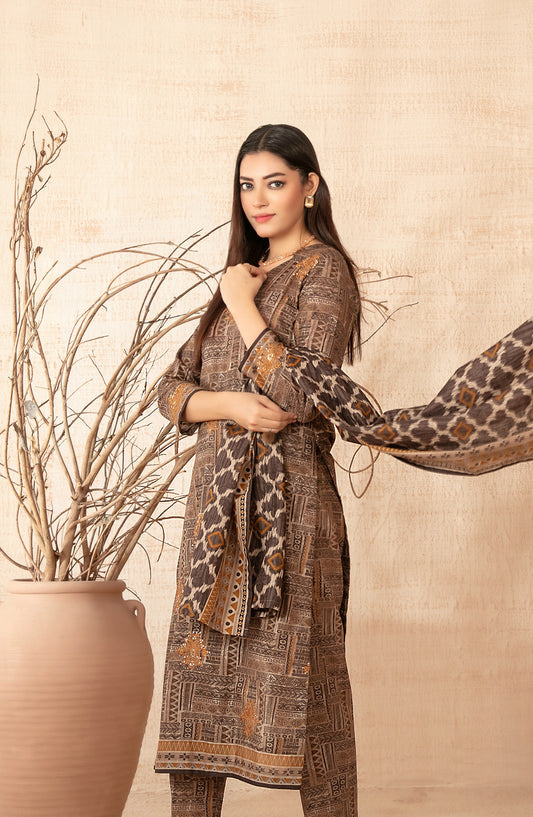 Areeka by Tawakkal Fabrics Embroidered Khaddar Unstitched 3 Piece Suit - D-5300 - TF25AKA - Brown - Winter Collection