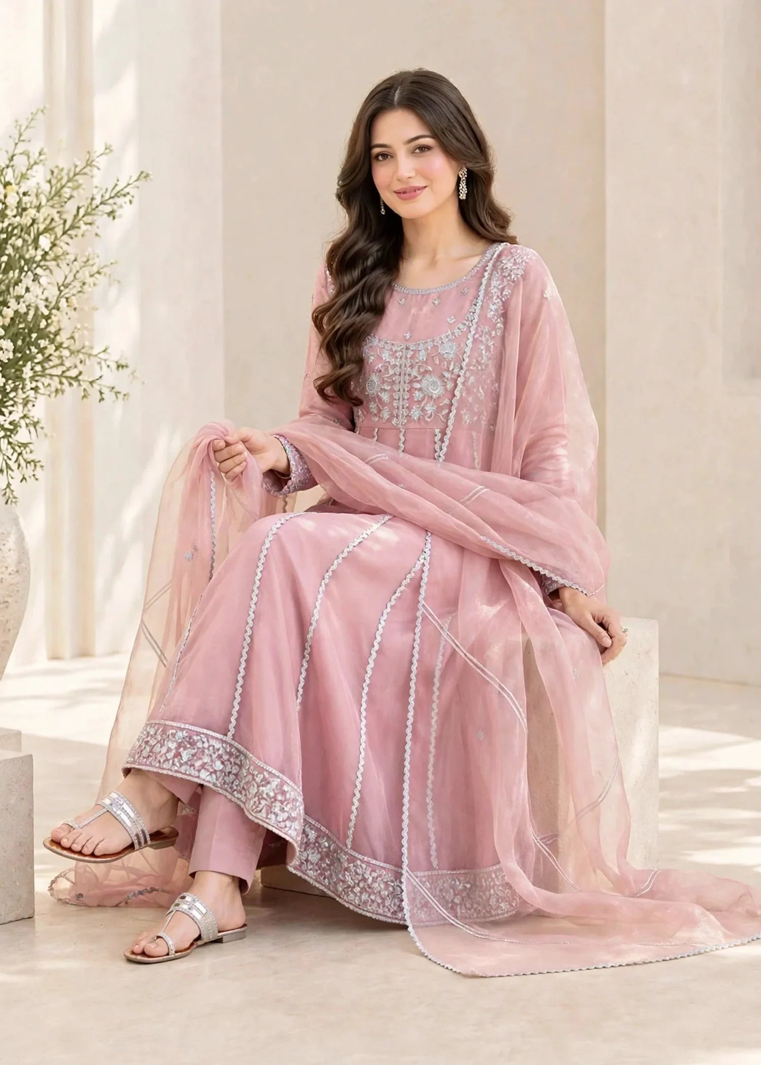 Women 3 Piece Pink Tissue Outfit