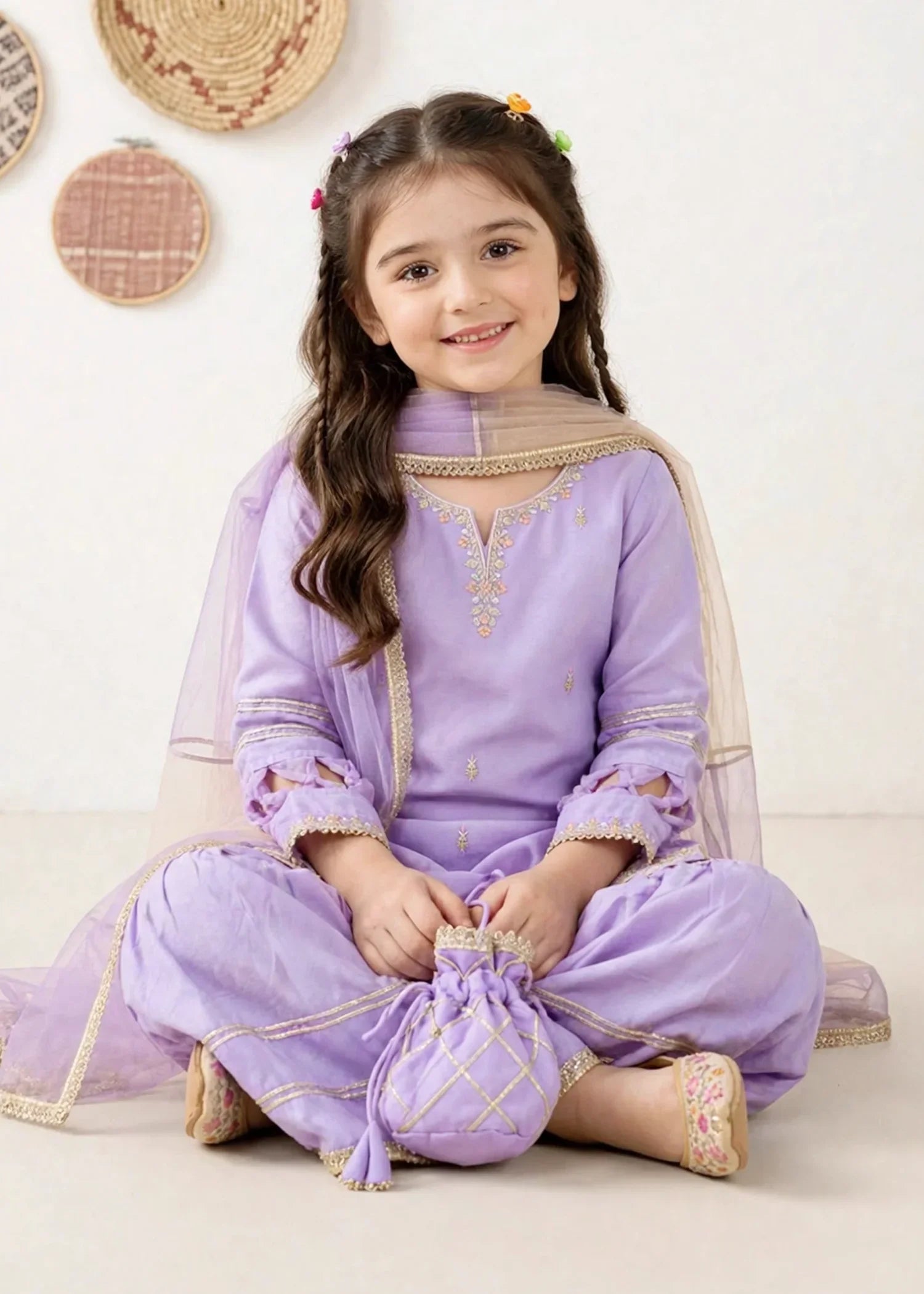 3 Piece Purple Chiffon Embroidered Gharara