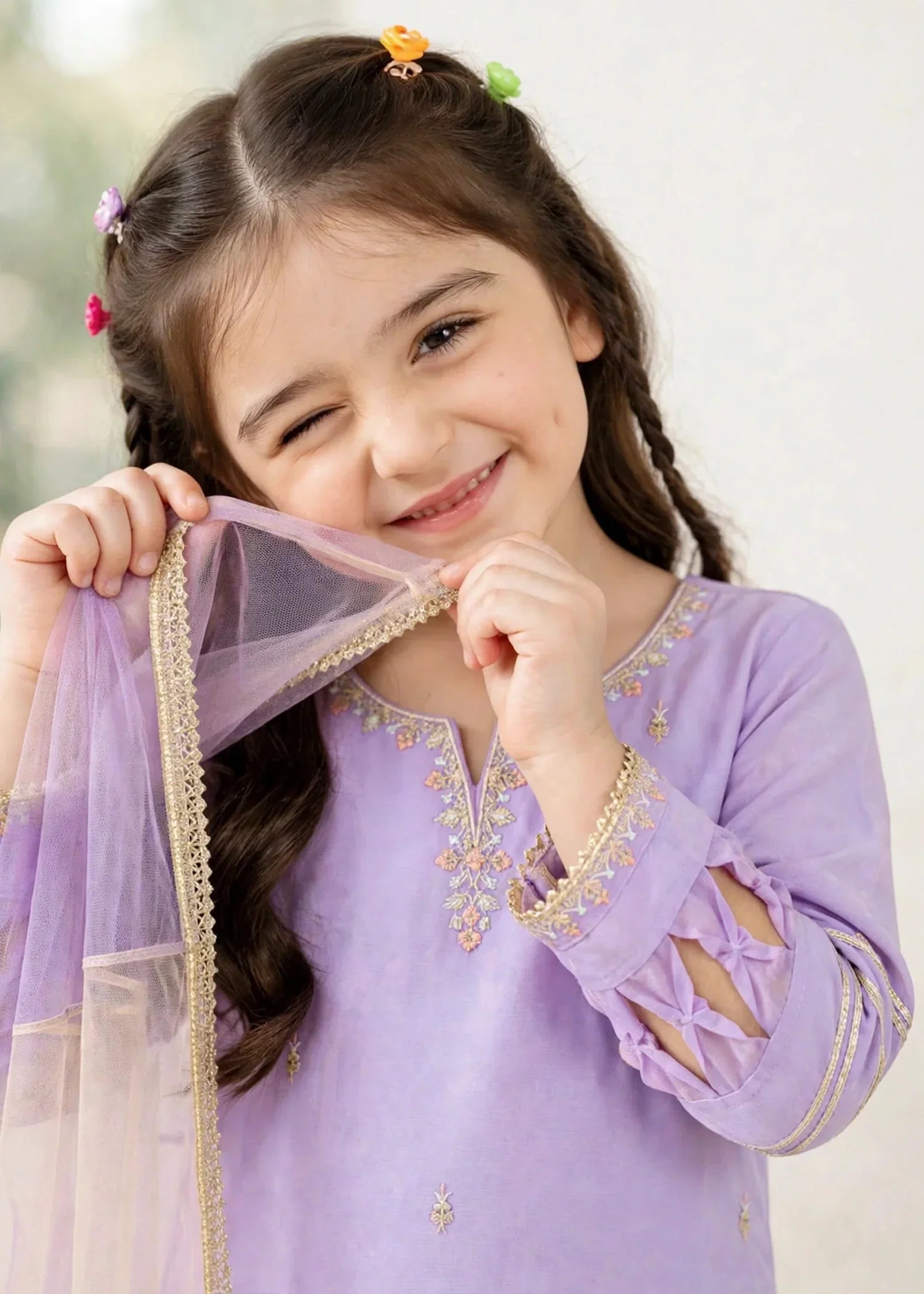 3 Piece Purple Chiffon Embroidered Gharara