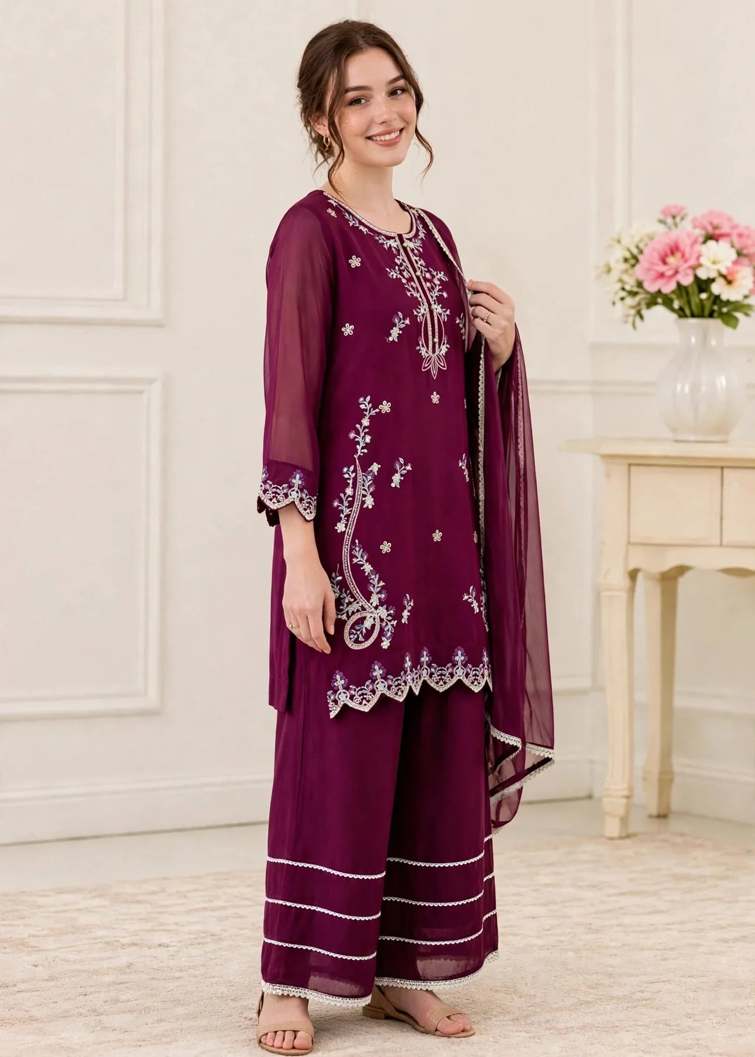 Women 3 Piece Purple Chiffon Outfit