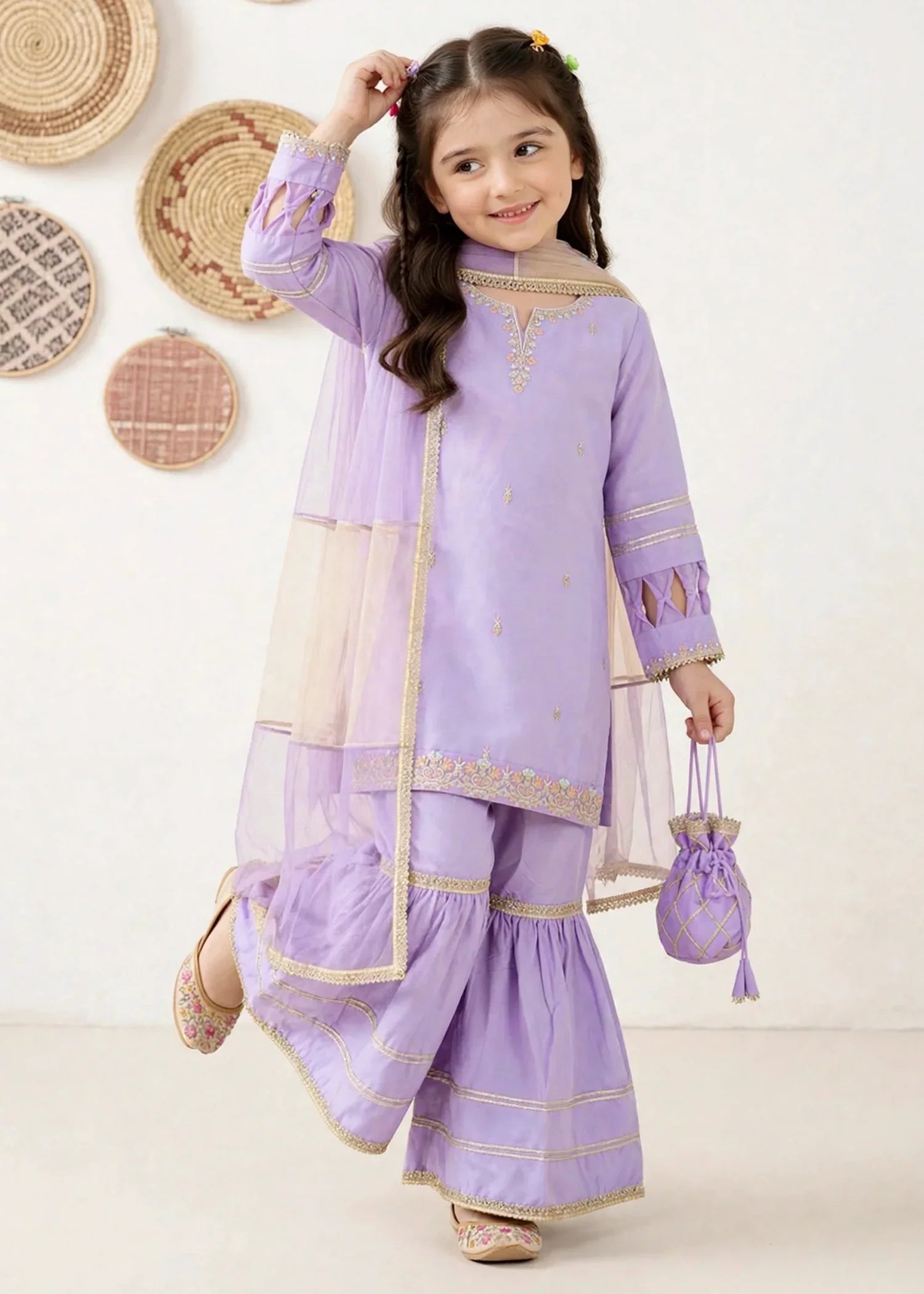 3 Piece Purple Chiffon Embroidered Gharara