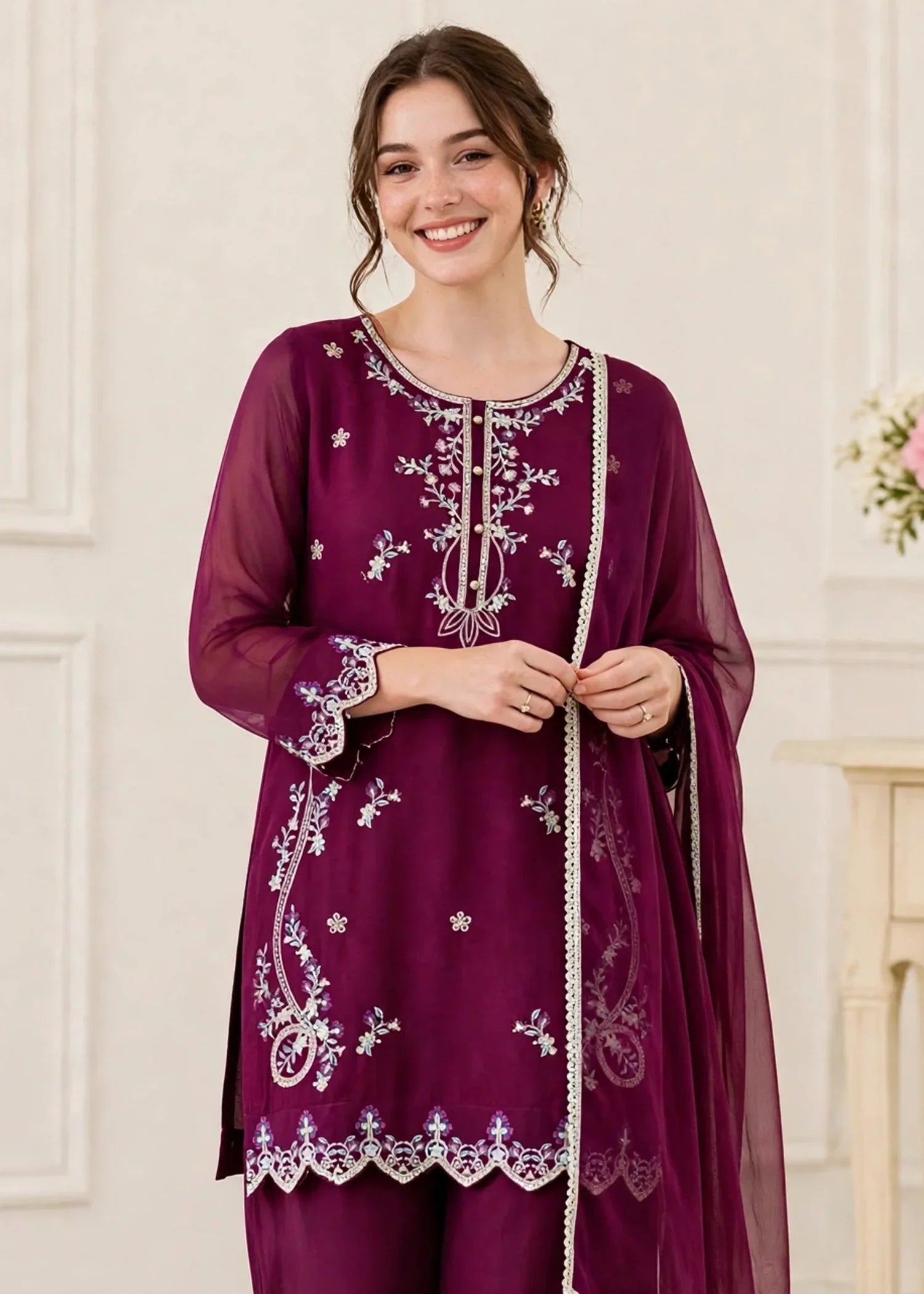 Women 3 Piece Purple Chiffon Outfit