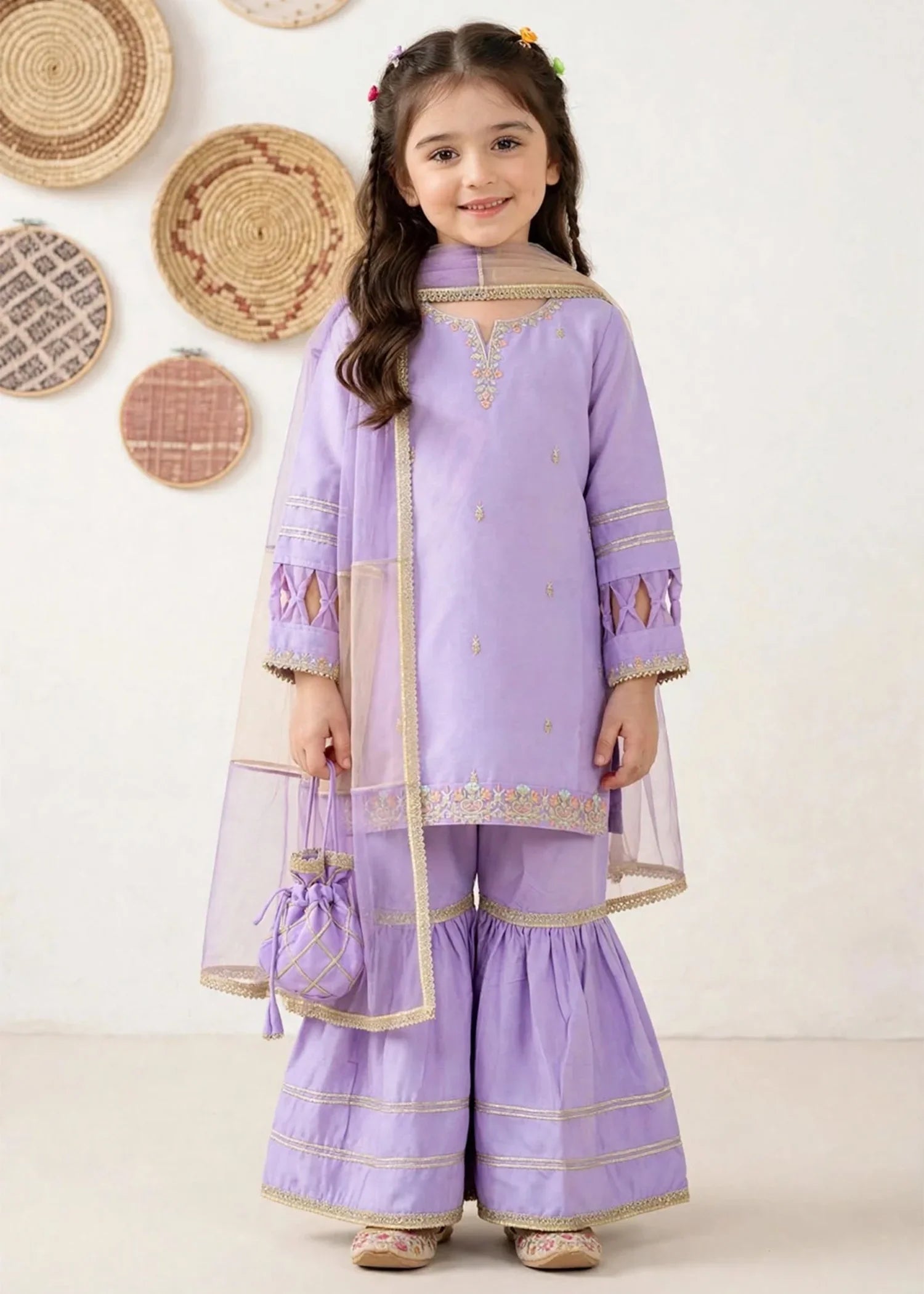 3 Piece Purple Chiffon Embroidered Gharara