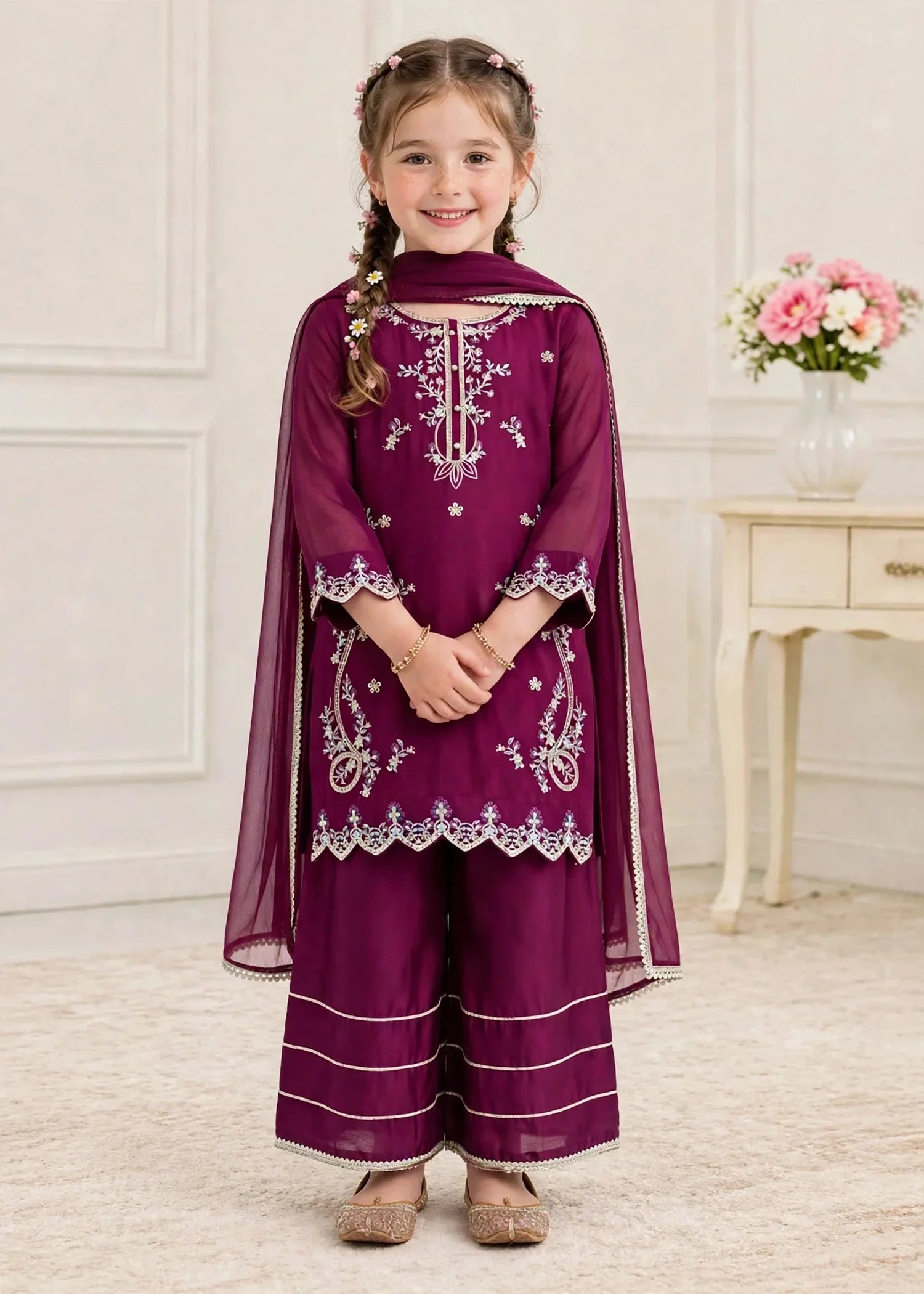 3 Piece Purple Chiffon Embroidered Outfit