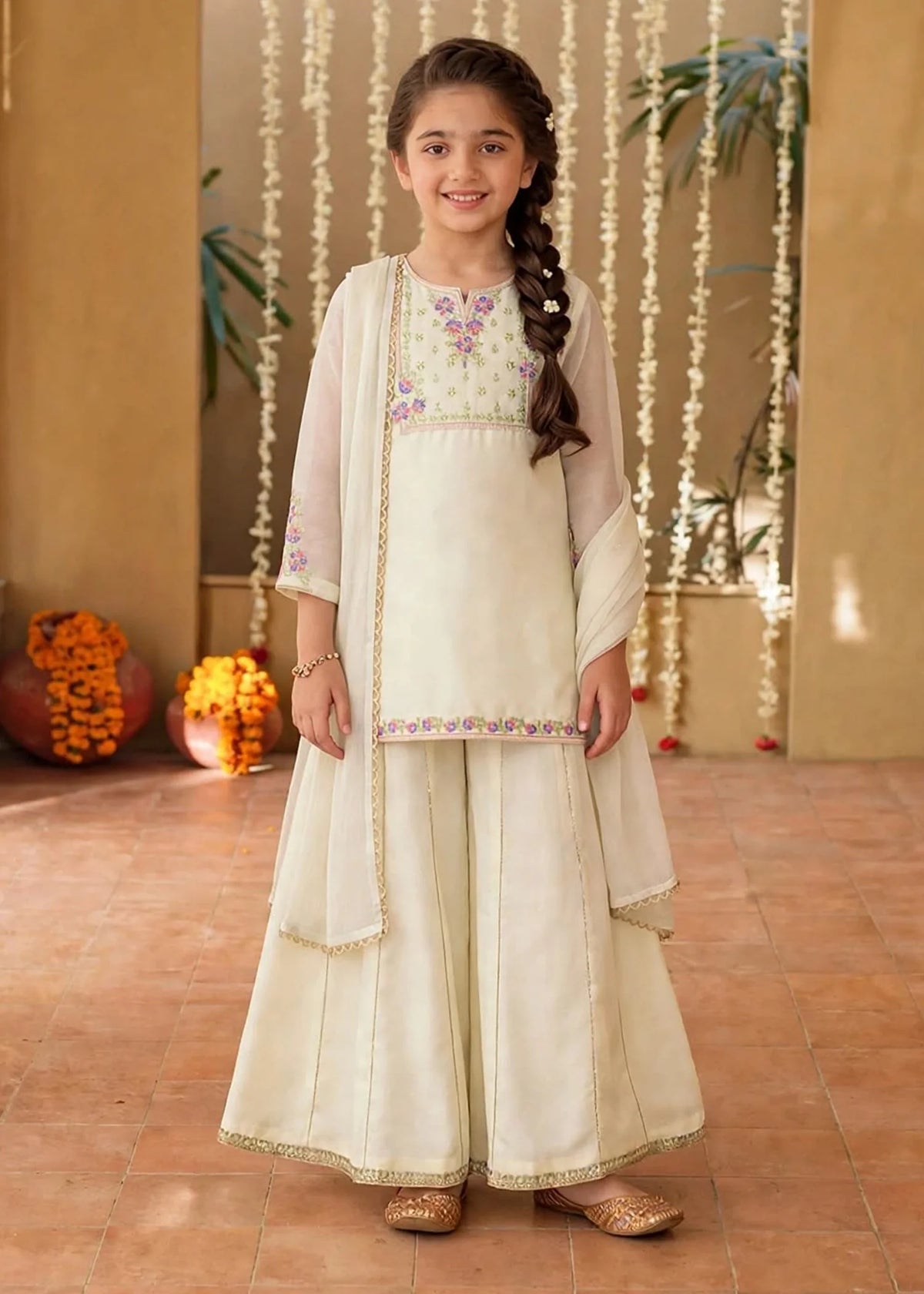 3 Piece Off White Chiffon Embroidered Sharara
