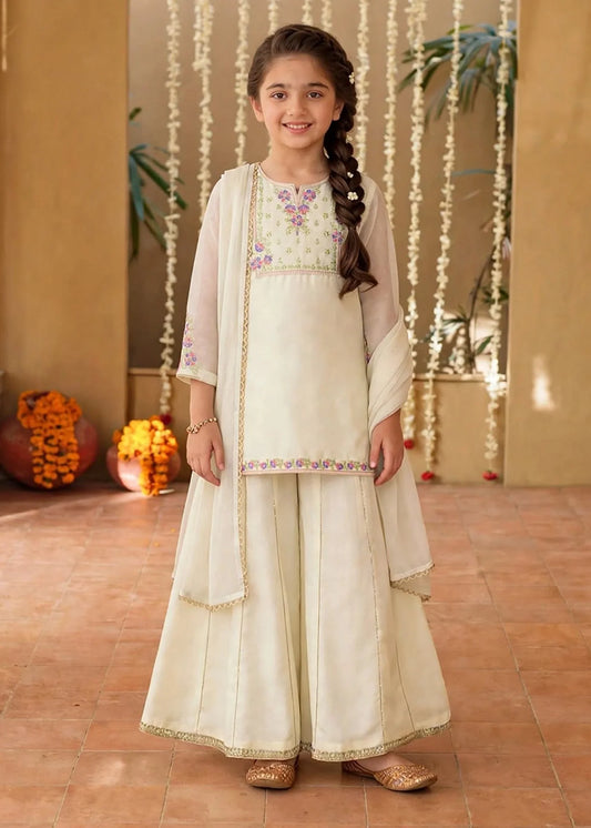 3 Piece Off White Chiffon Embroidered Sharara