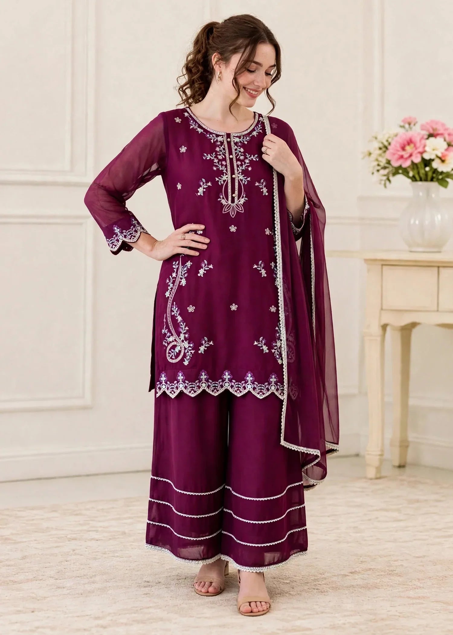 Women 3 Piece Purple Chiffon Outfit