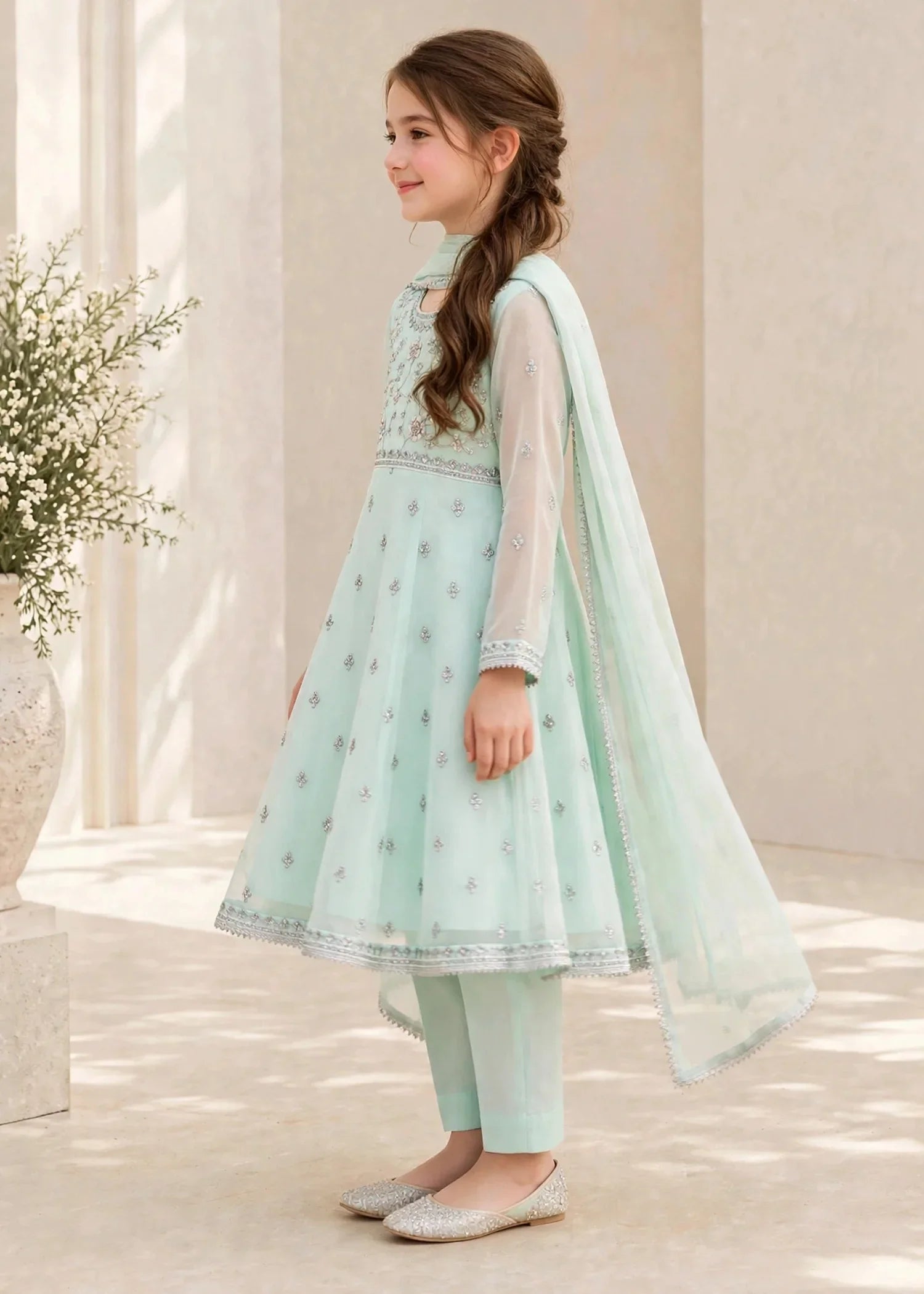 3 Piece Chiffon Blue Embroidered Frock