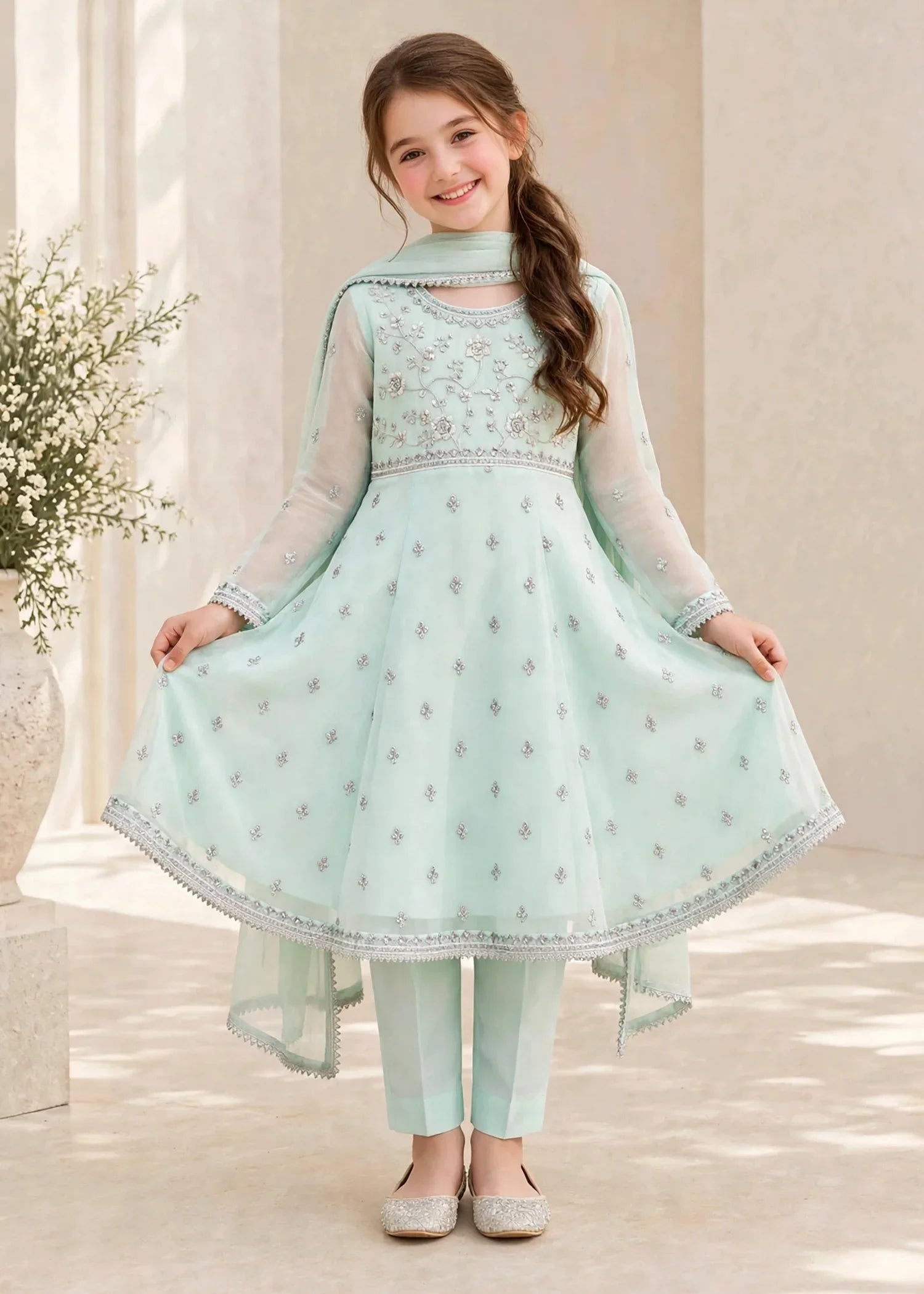 3 Piece Chiffon Blue Embroidered Frock