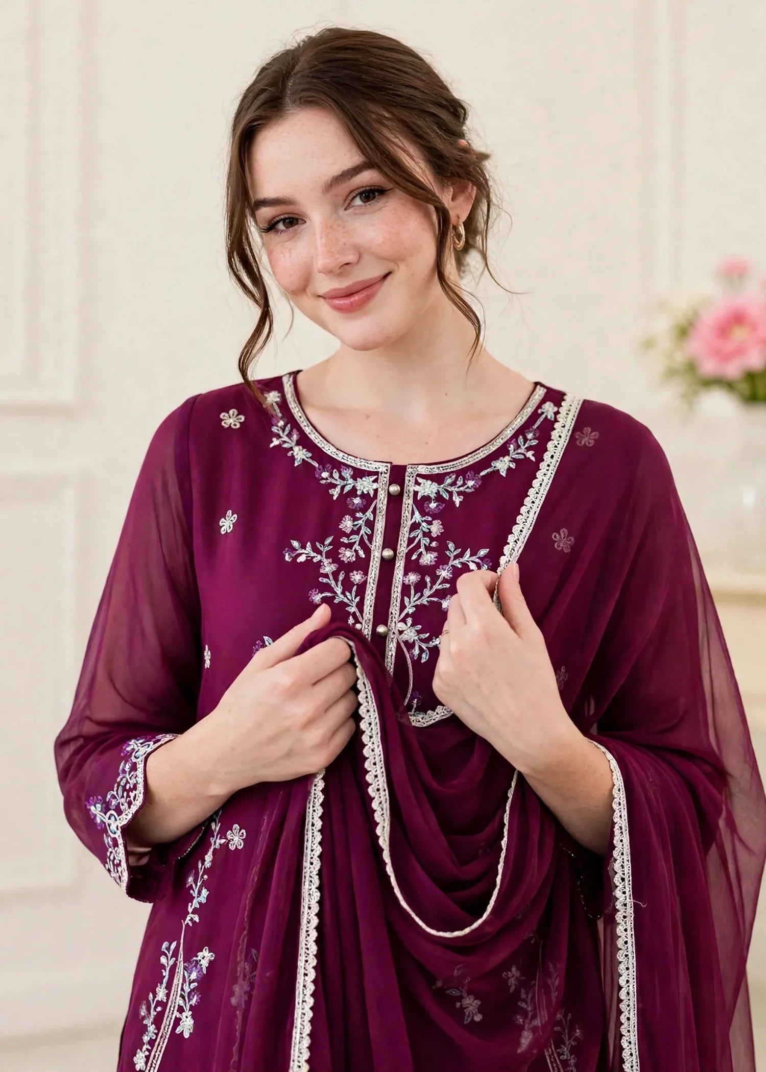 Women 3 Piece Purple Chiffon Outfit