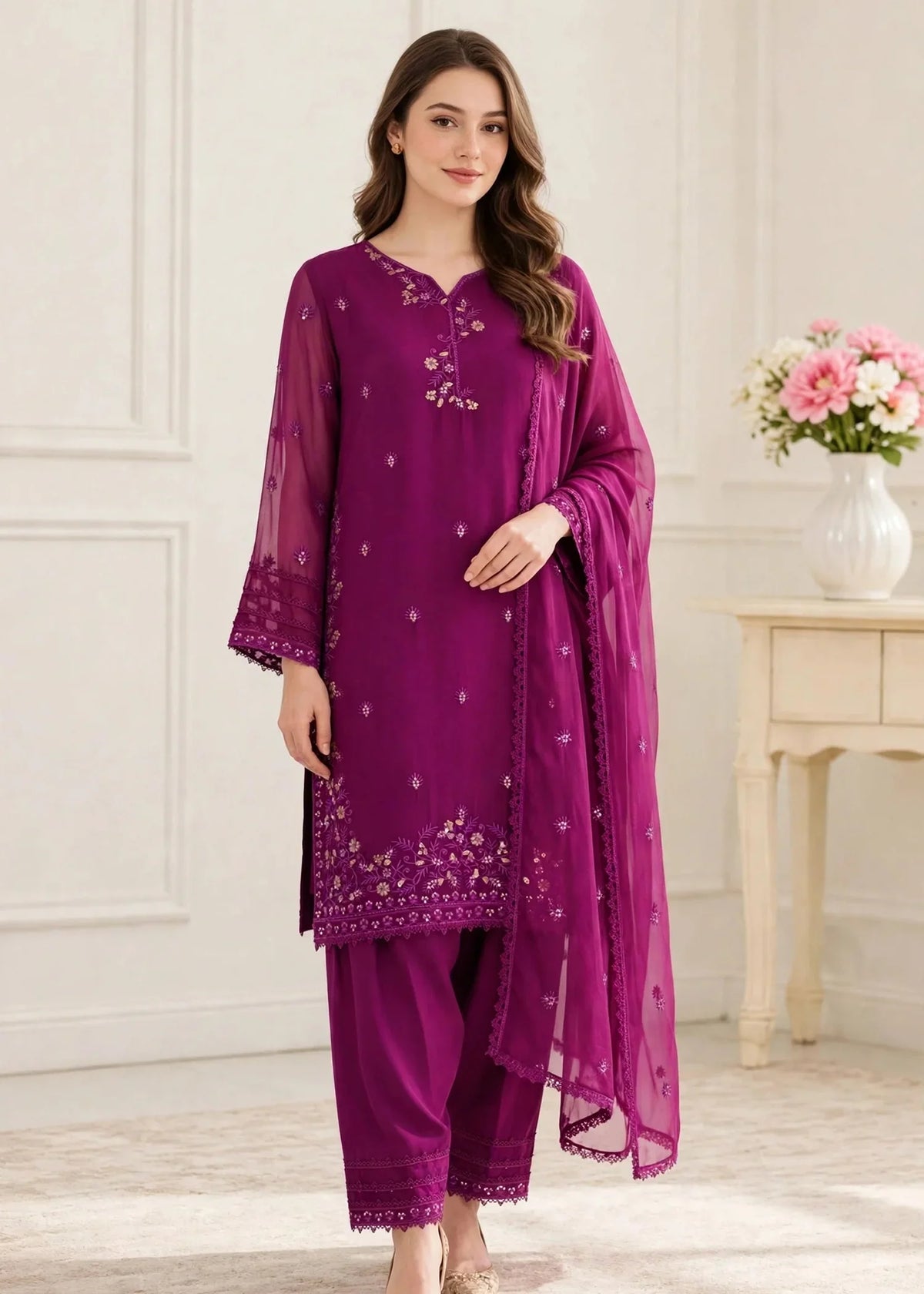 Women 3 Piece Purple Chiffon Formal Suit