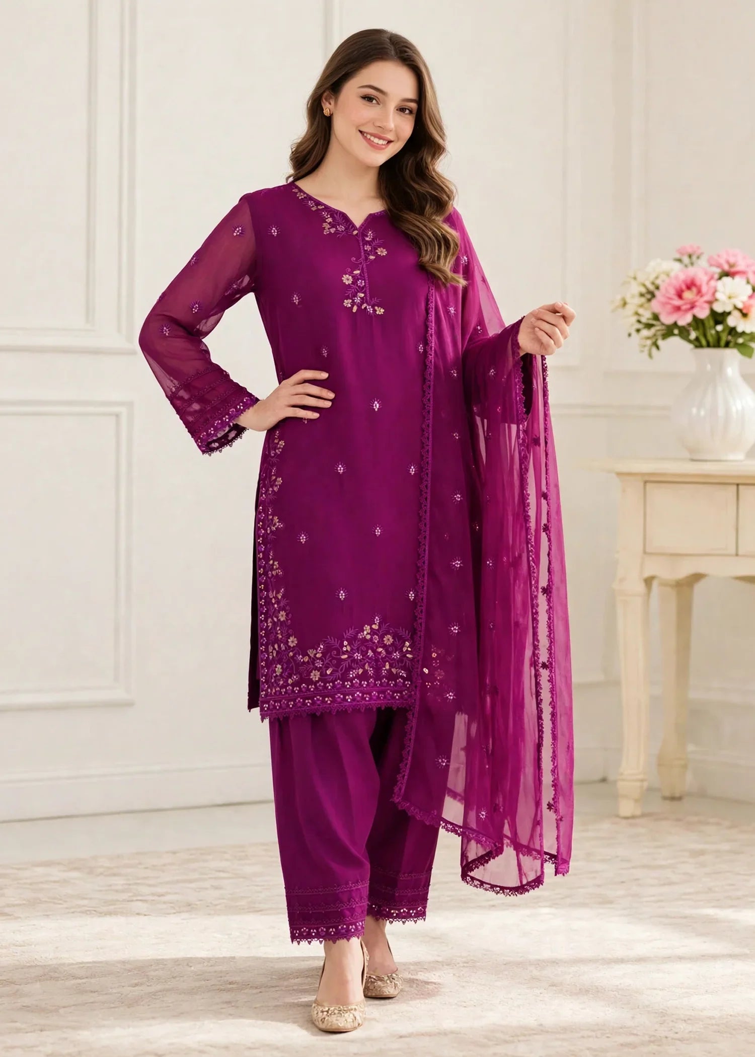 Women 3 Piece Purple Chiffon Formal Suit