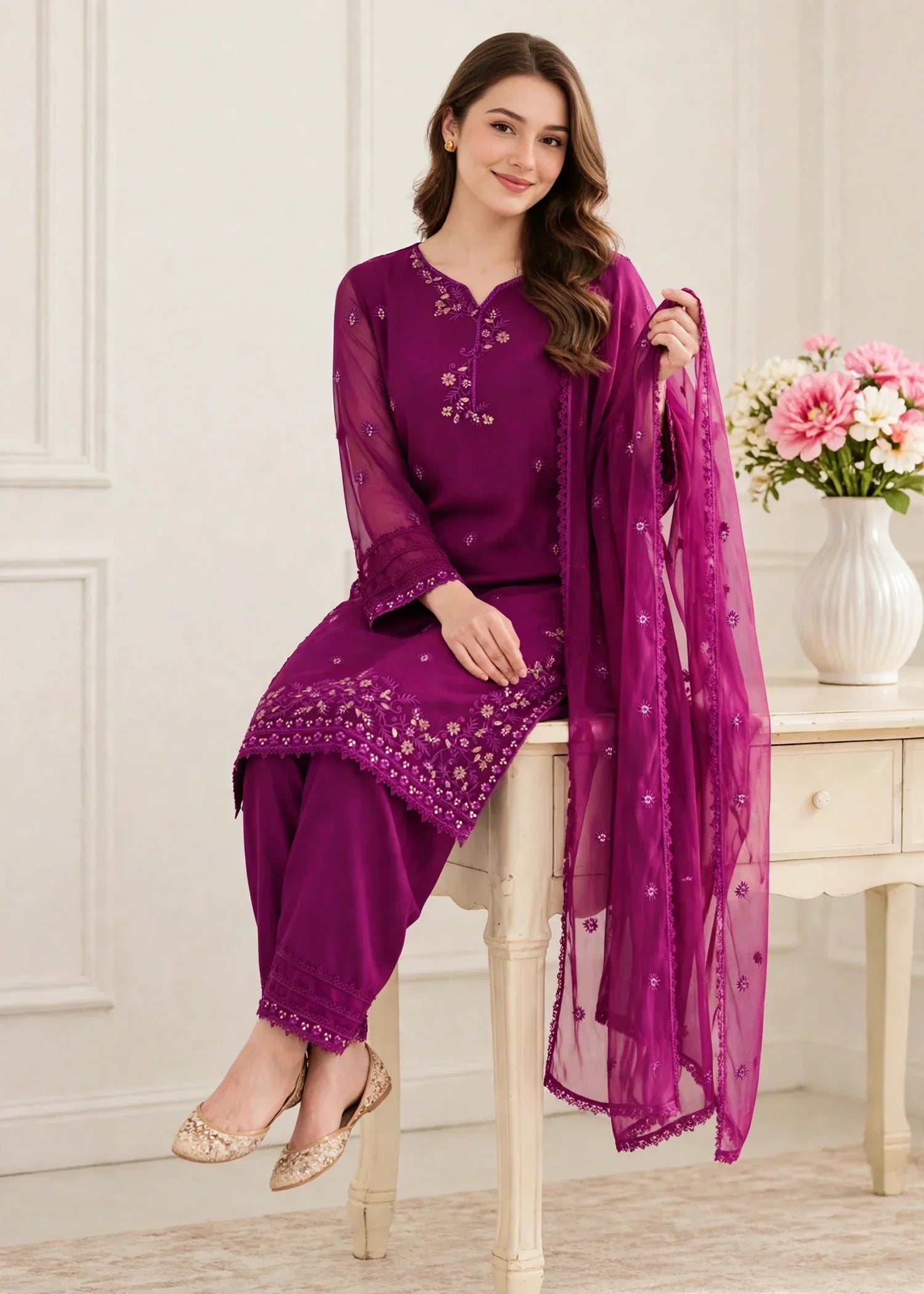 Women 3 Piece Purple Chiffon Formal Suit