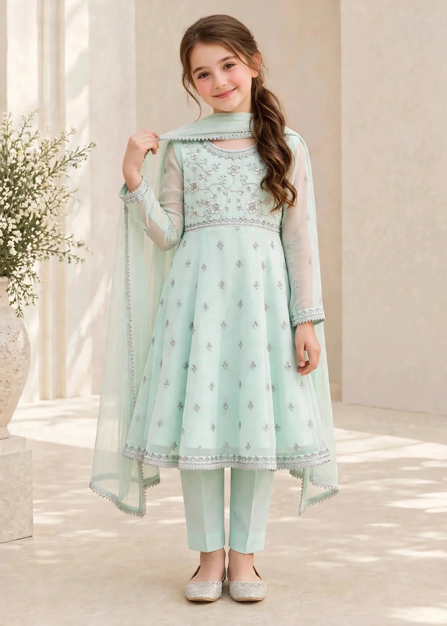 3 Piece Chiffon Blue Embroidered Frock