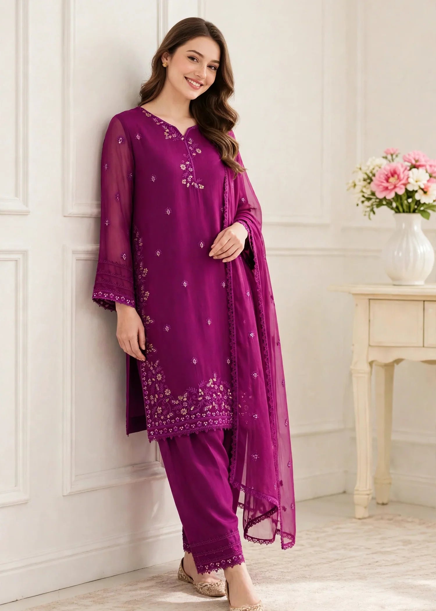 Women 3 Piece Purple Chiffon Formal Suit