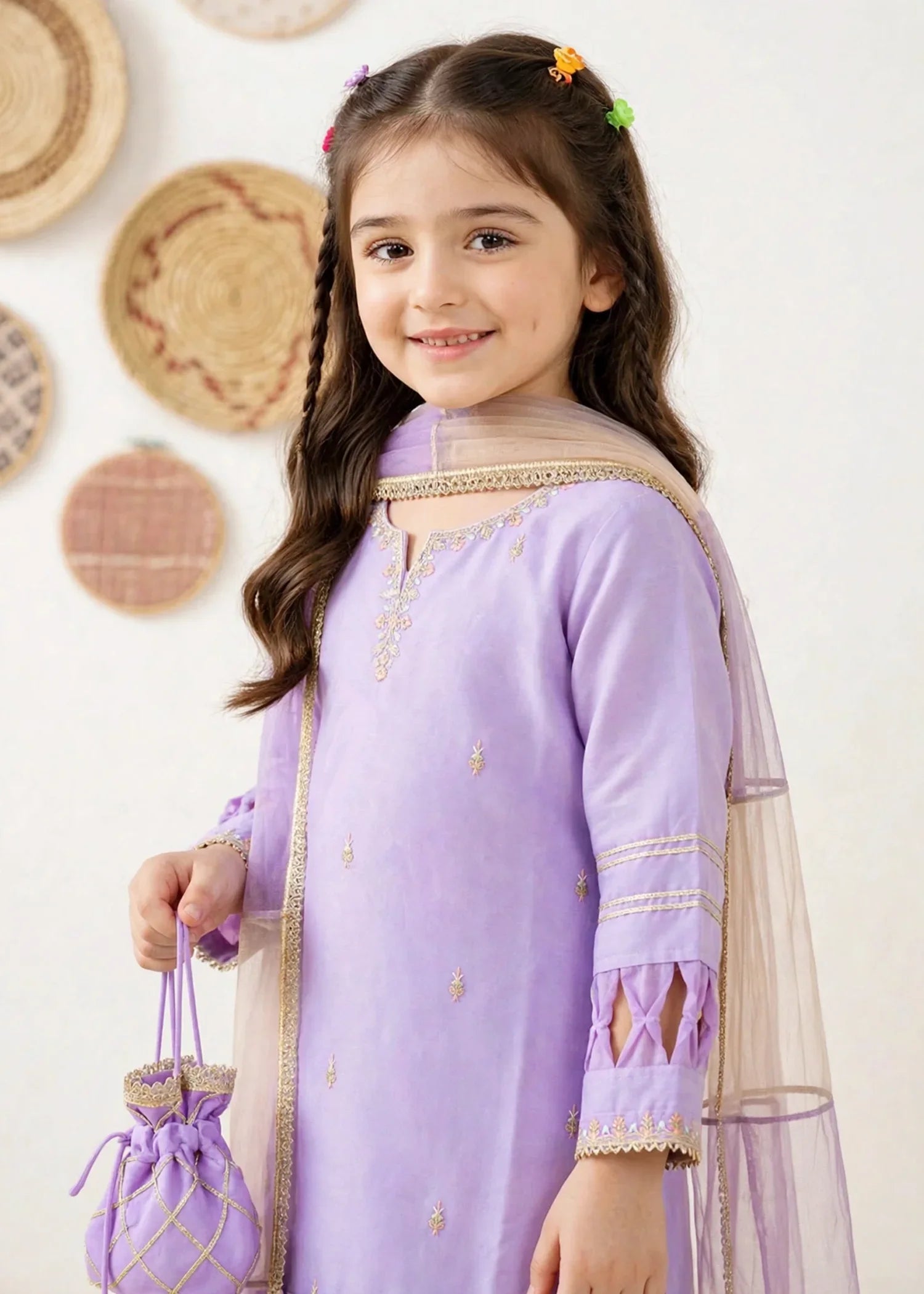 3 Piece Purple Chiffon Embroidered Gharara