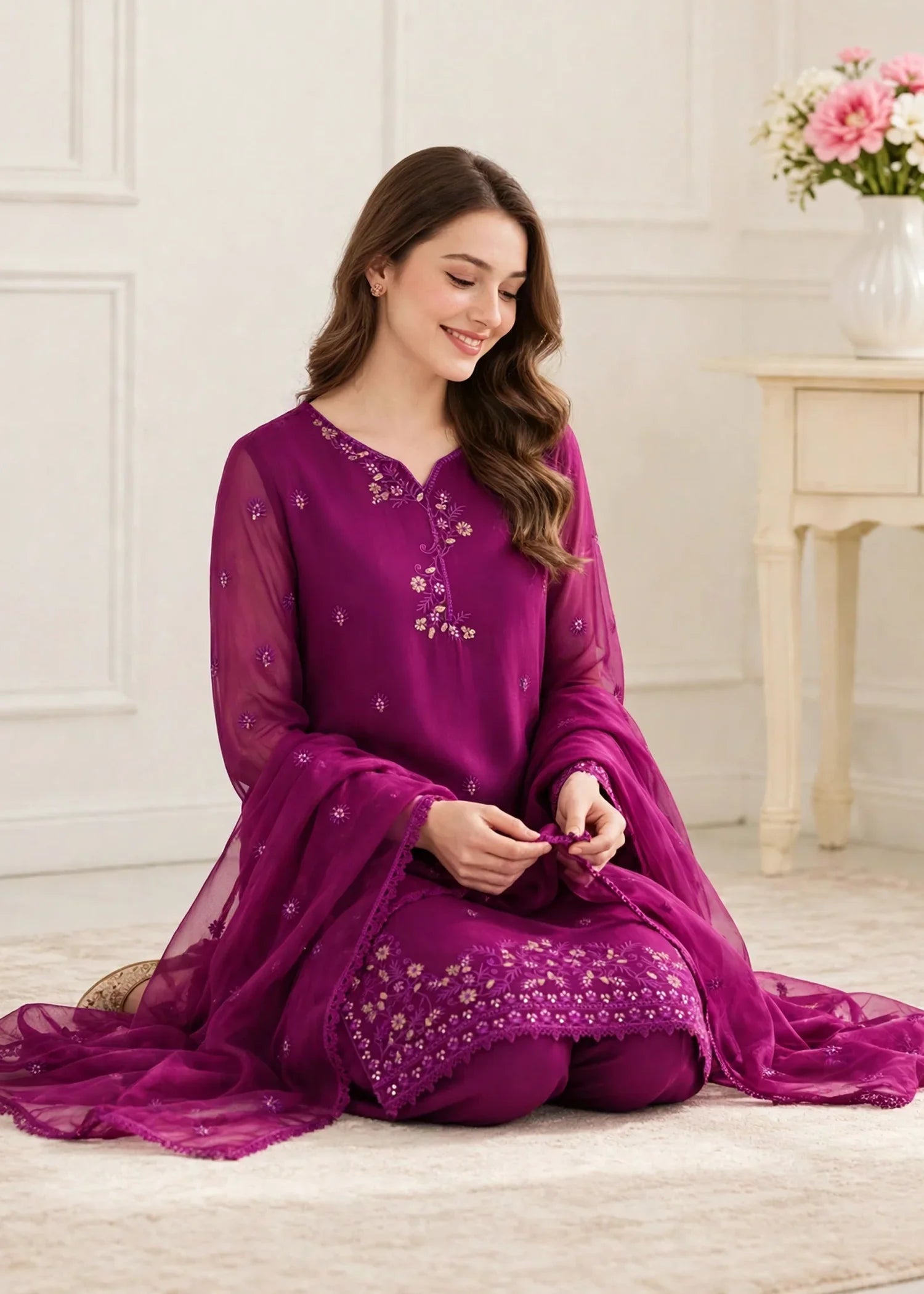 Women 3 Piece Purple Chiffon Formal Suit