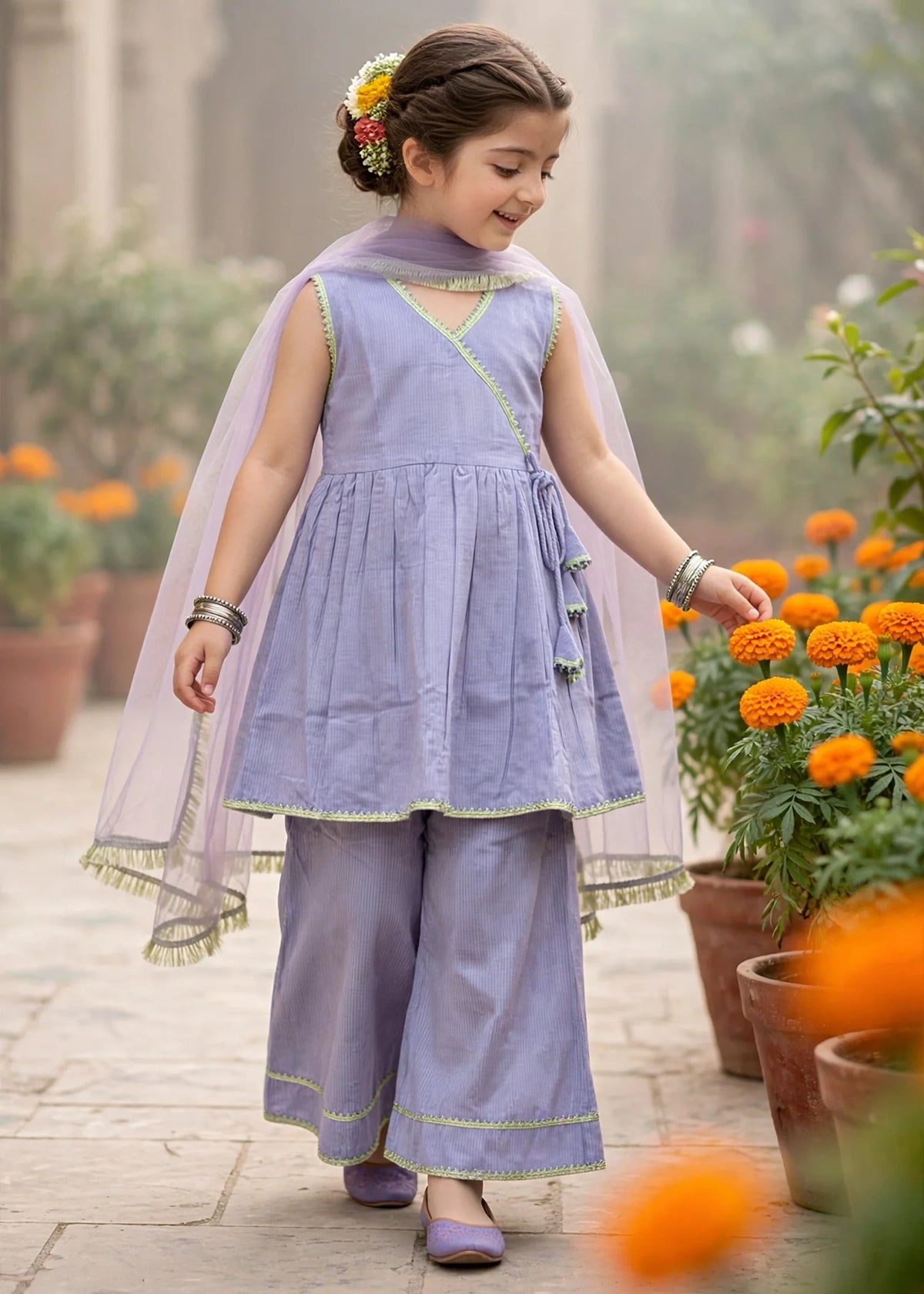 Girls 3 Piece Purple Cotton Festive Dress