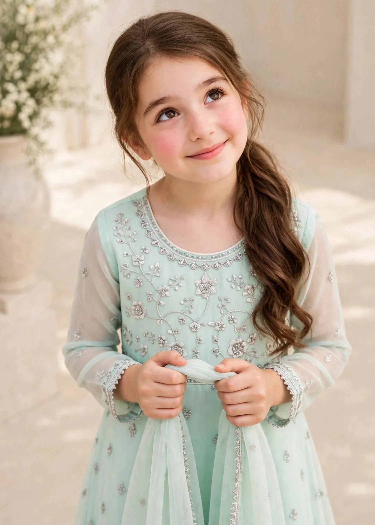3 Piece Chiffon Blue Embroidered Frock