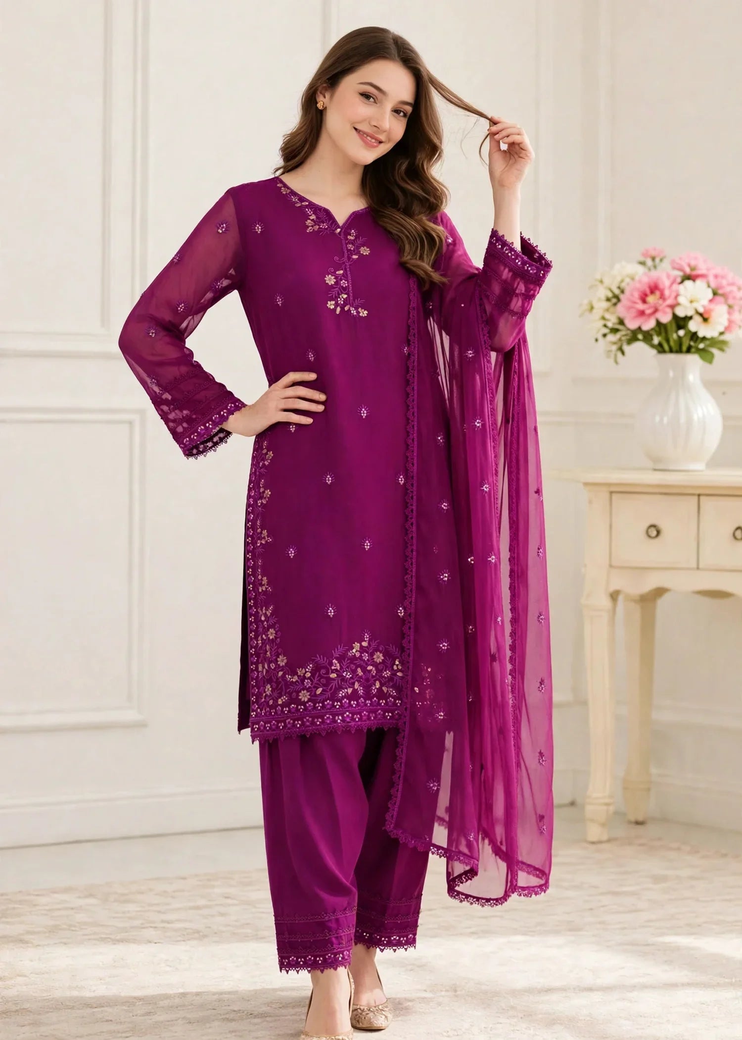 Women 3 Piece Purple Chiffon Formal Suit