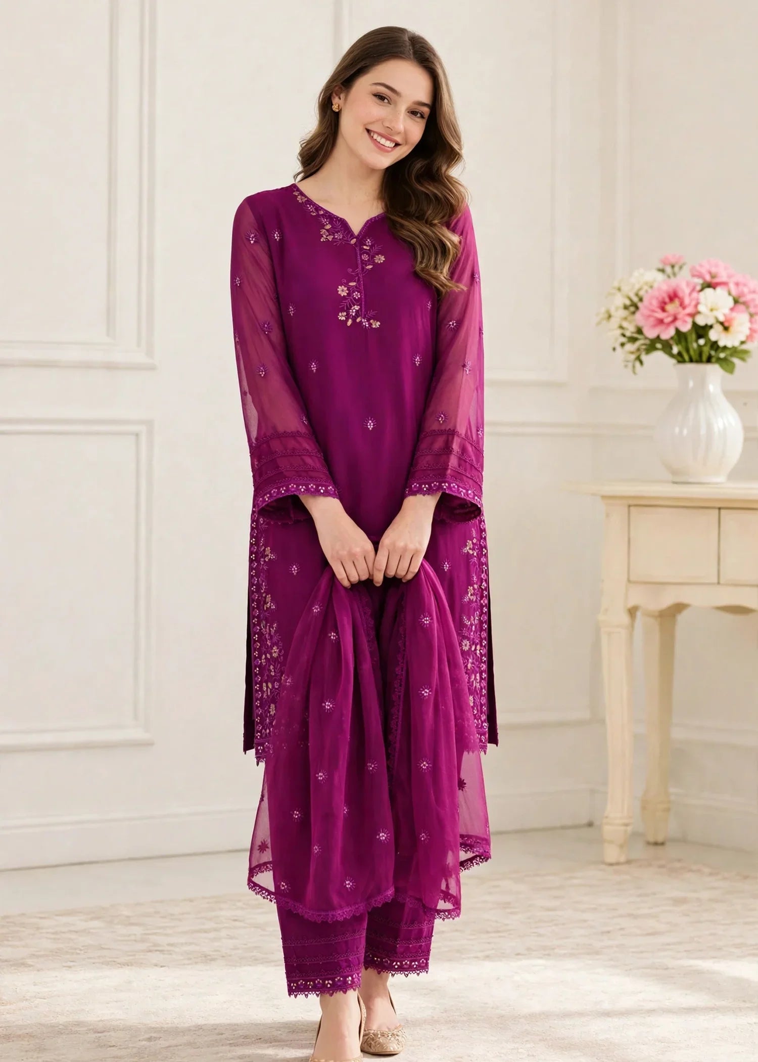 Women 3 Piece Purple Chiffon Formal Suit