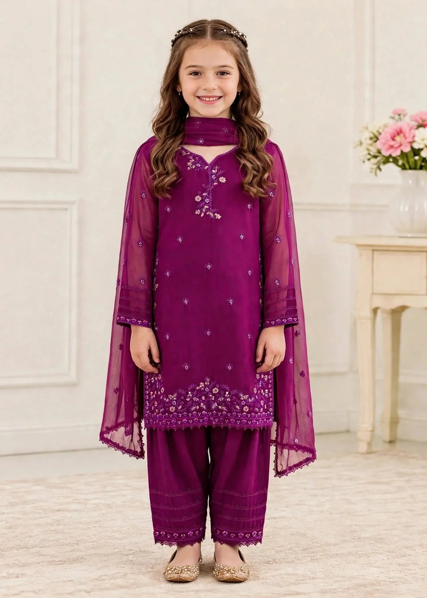 3 Piece Chiffon Embroidered Purple Suit