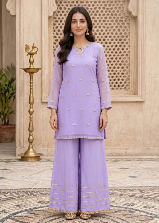 Women 3 Piece Lavender Chiffon Gharara