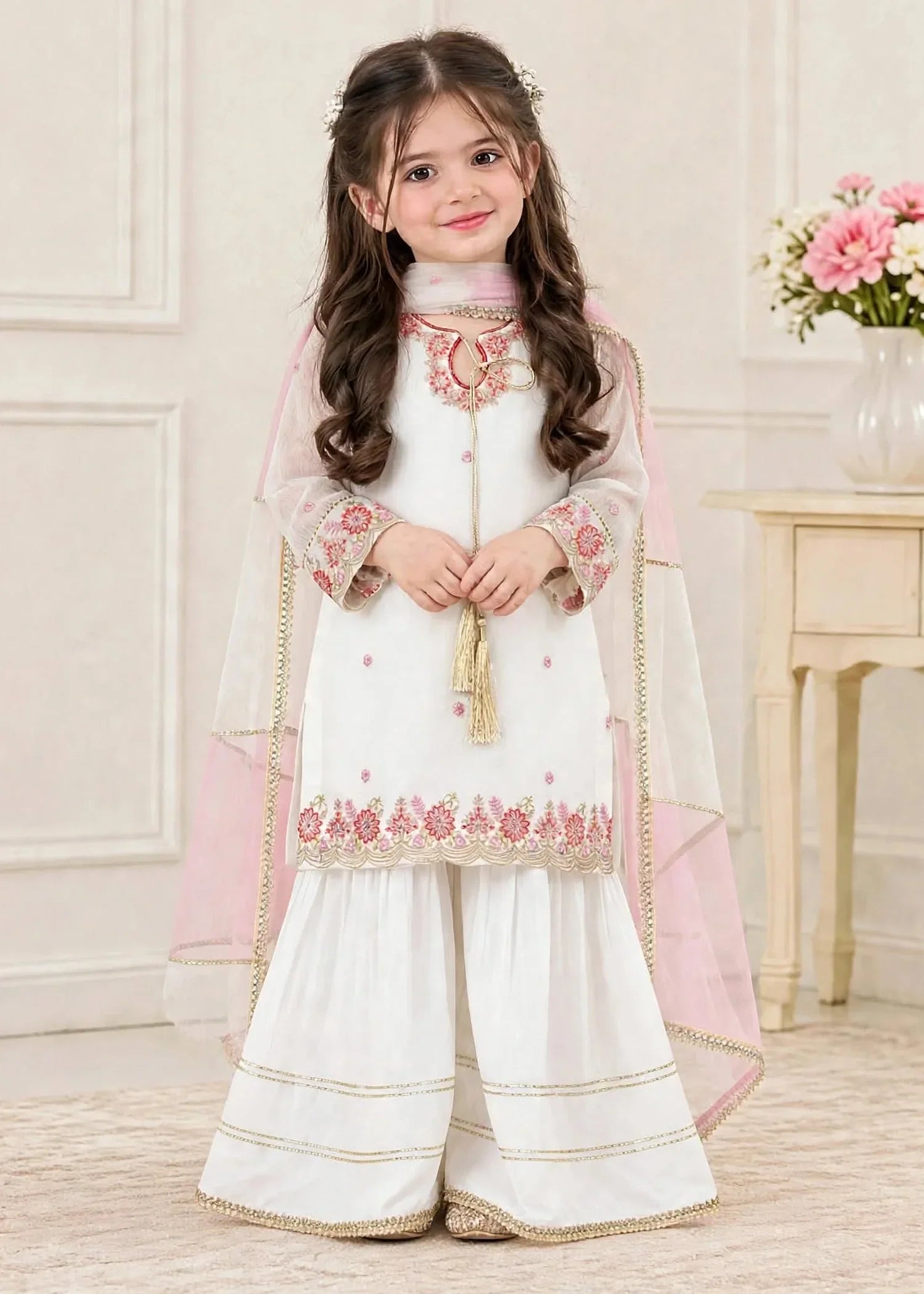 3 Piece White Chiffon Embroidered Outfit