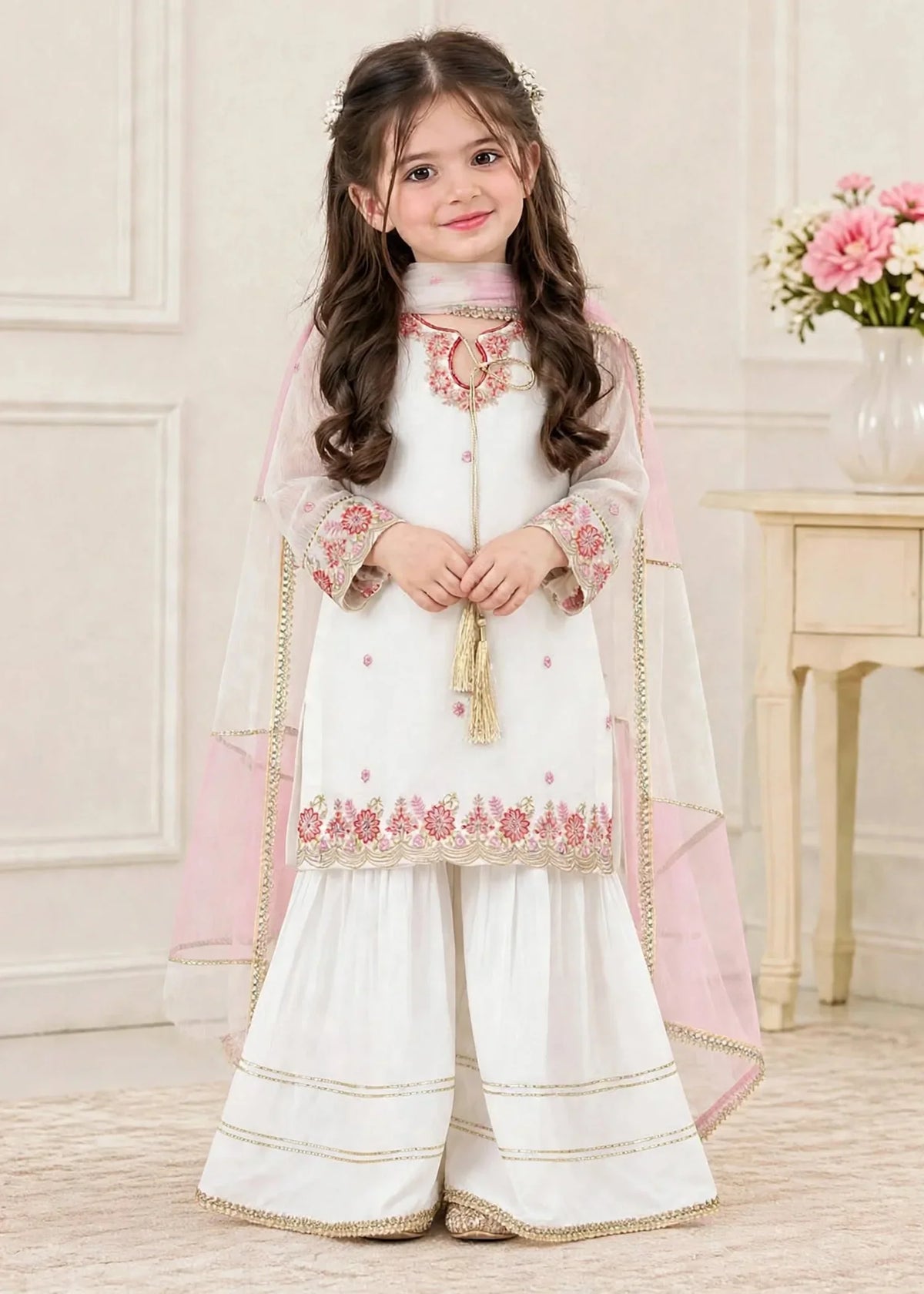 3 Piece White Chiffon Embroidered Outfit