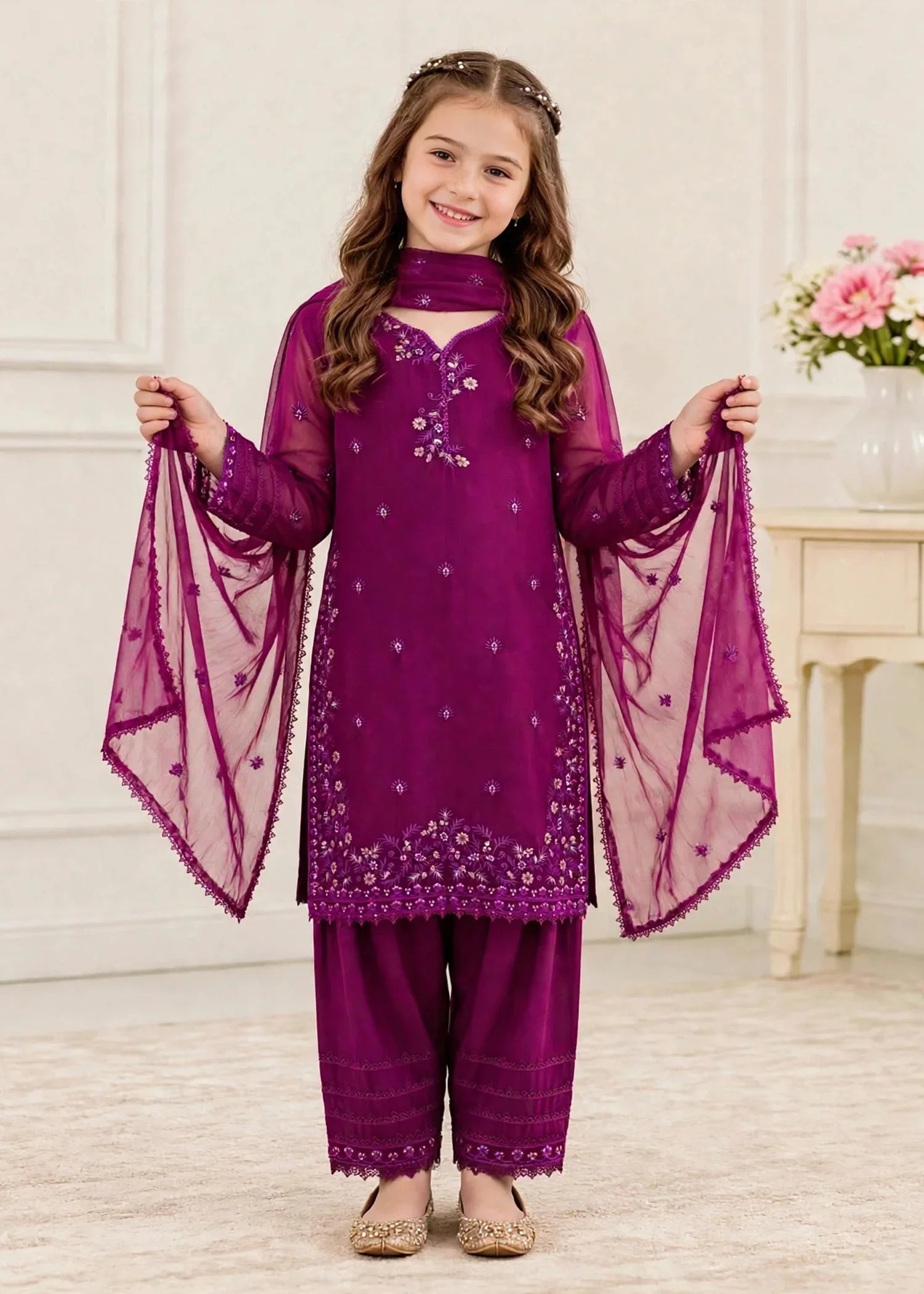 3 Piece Chiffon Embroidered Purple Suit