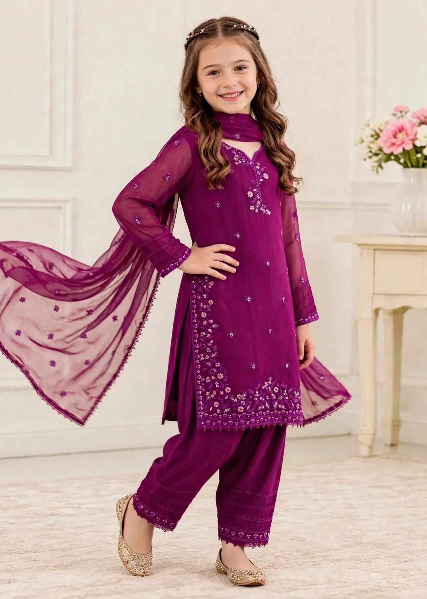 3 Piece Chiffon Embroidered Purple Suit