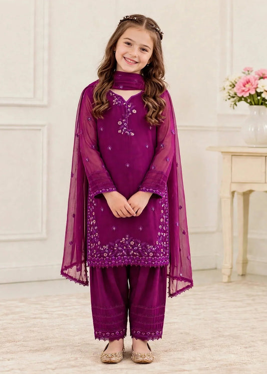 3 Piece Chiffon Embroidered Purple Suit