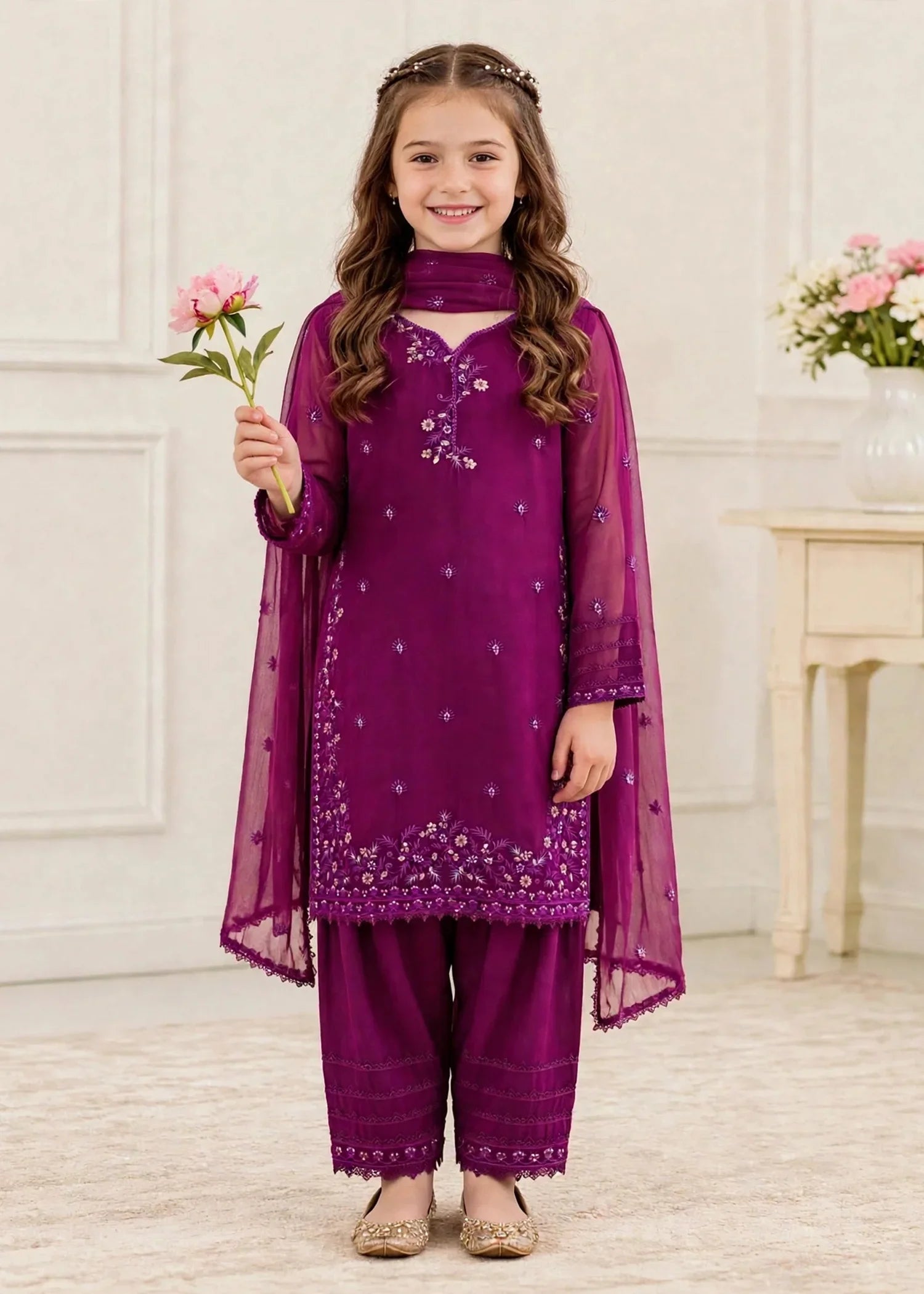 3 Piece Chiffon Embroidered Purple Suit