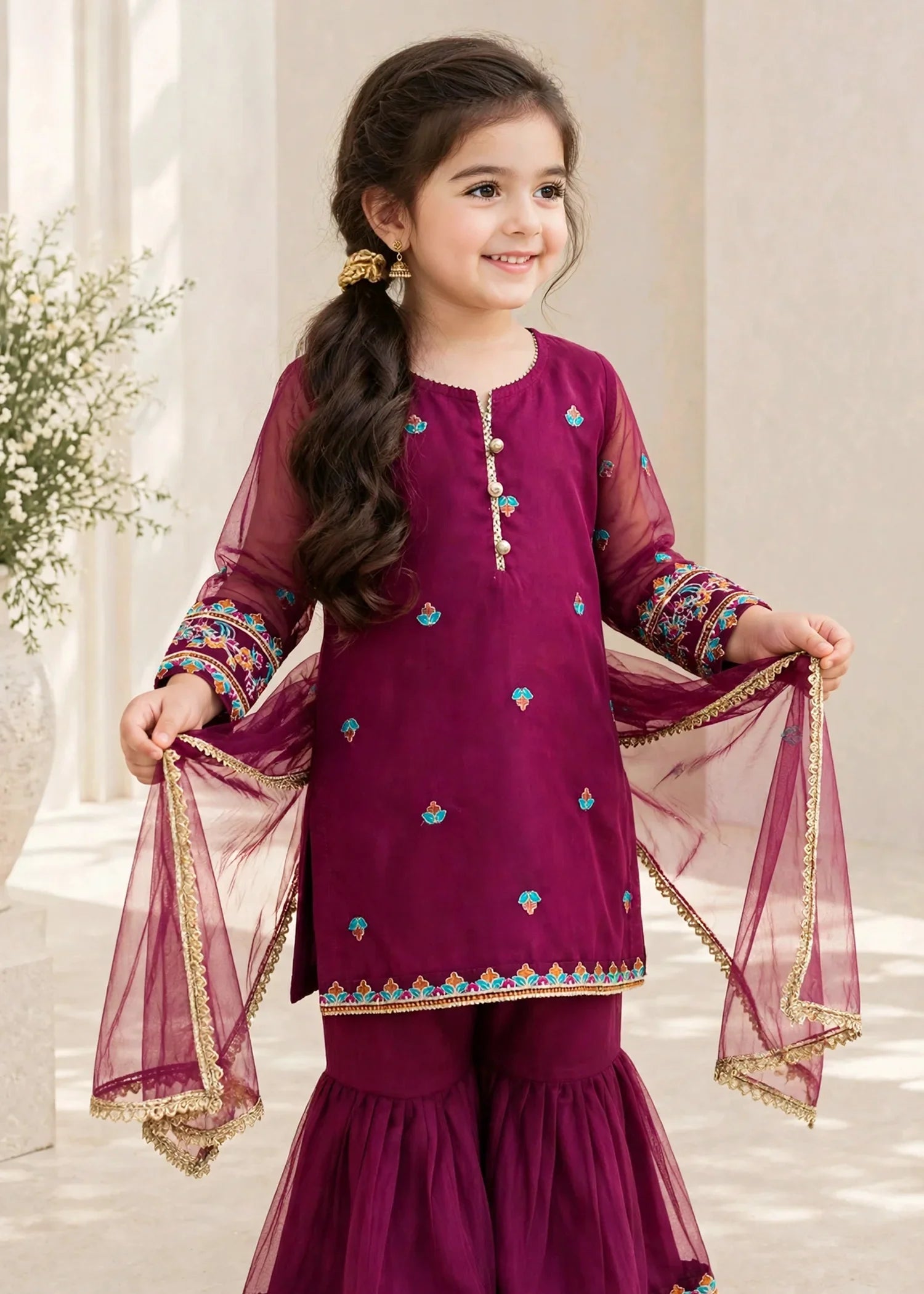 3 Piece Purple Organza Embroidered Gharara