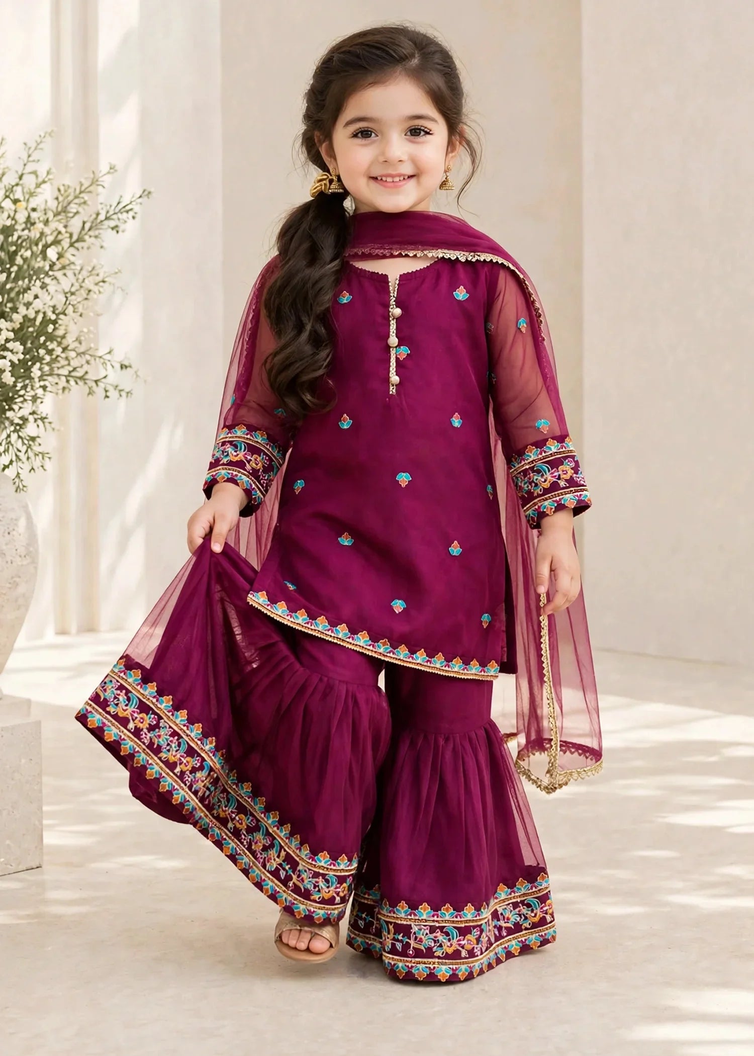 3 Piece Purple Organza Embroidered Gharara