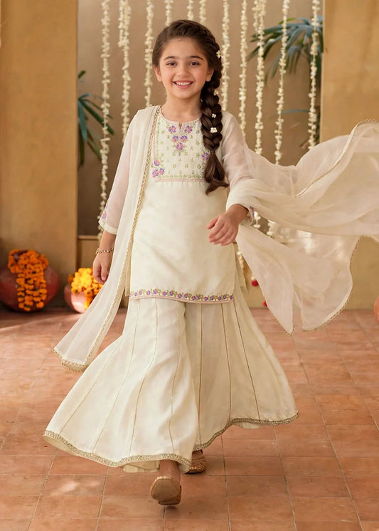 3 Piece Off White Chiffon Embroidered Sharara