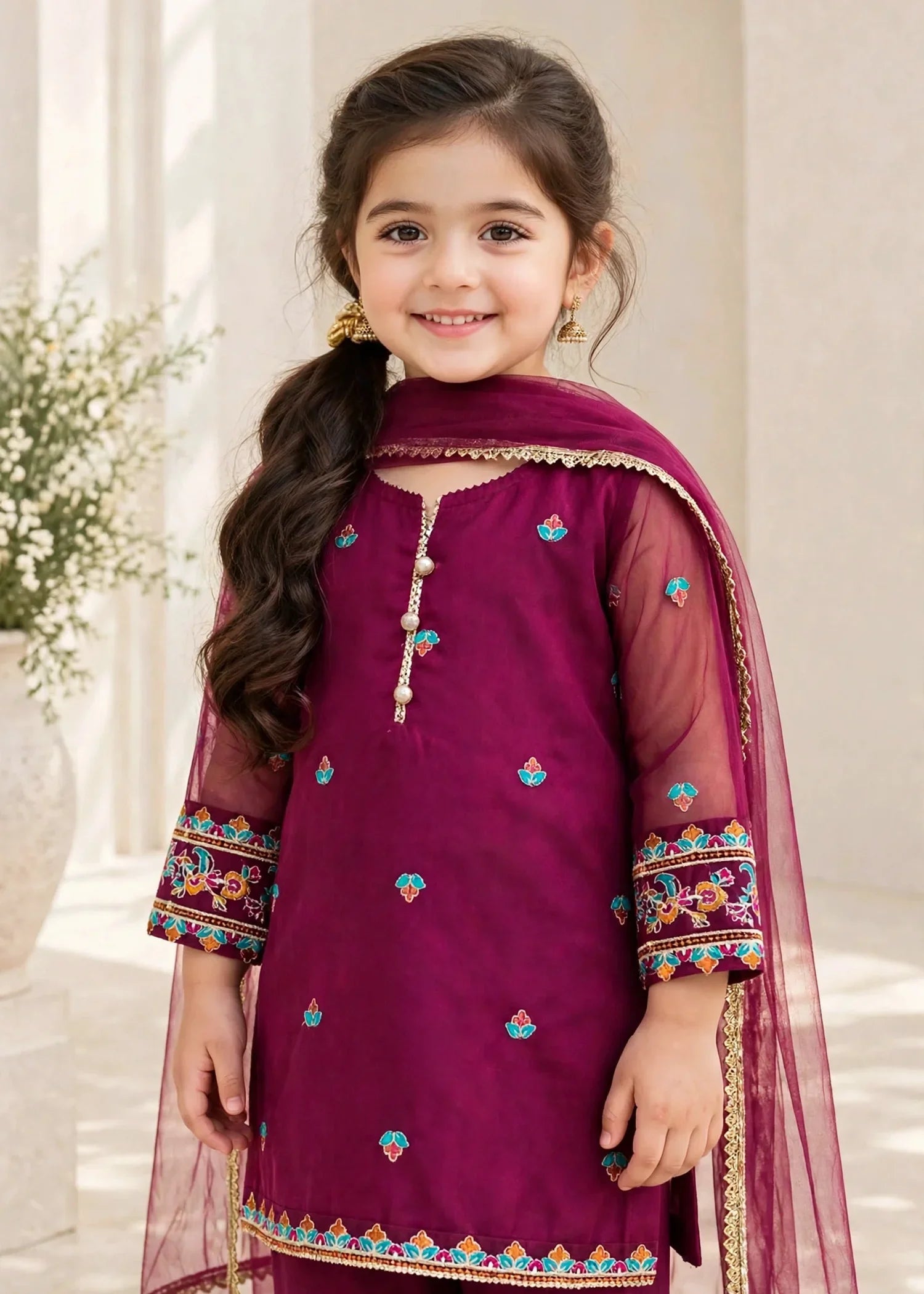 3 Piece Purple Organza Embroidered Gharara