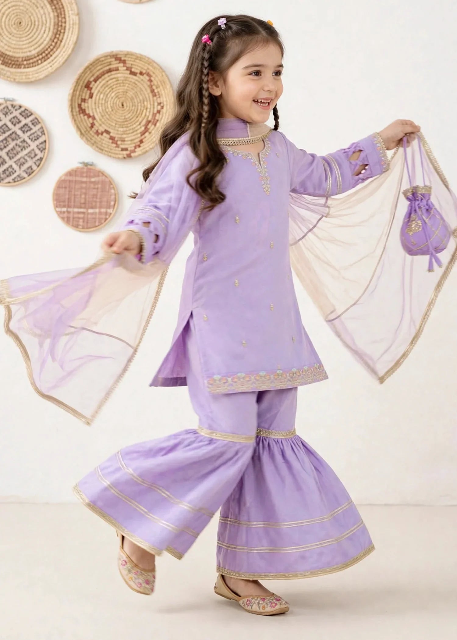 3 Piece Purple Chiffon Embroidered Gharara