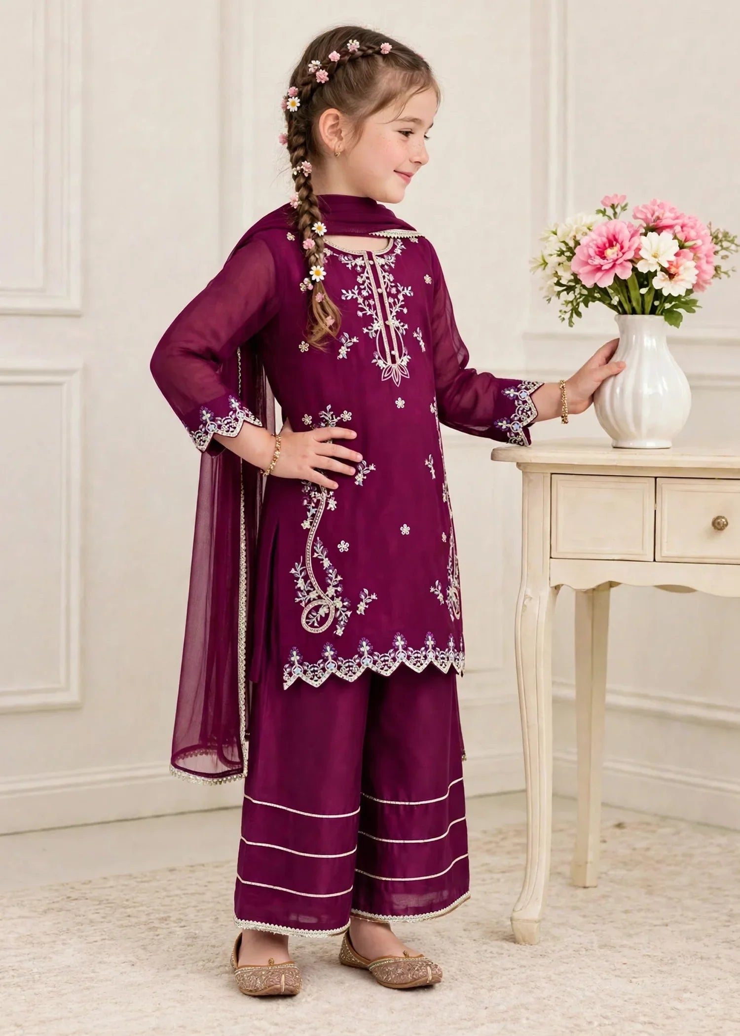 3 Piece Purple Chiffon Embroidered Outfit
