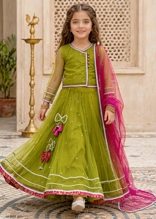 Girls 3 Piece Green Net Lehenga