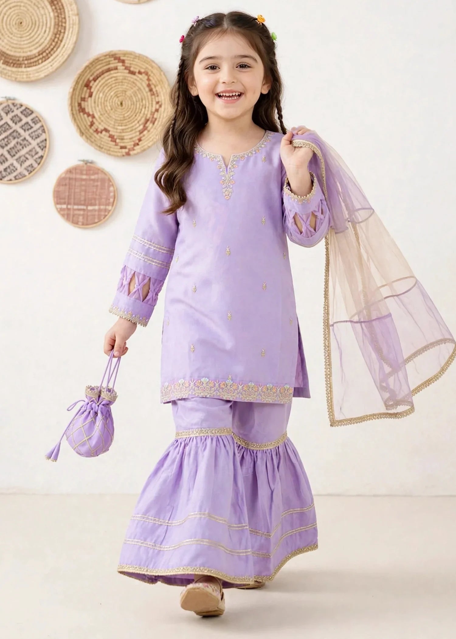 3 Piece Purple Chiffon Embroidered Gharara