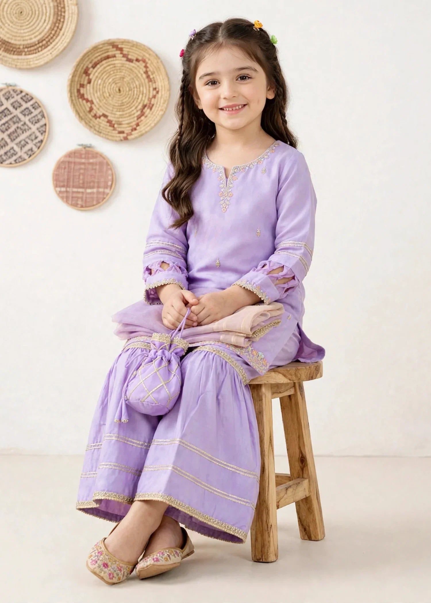 3 Piece Purple Chiffon Embroidered Gharara
